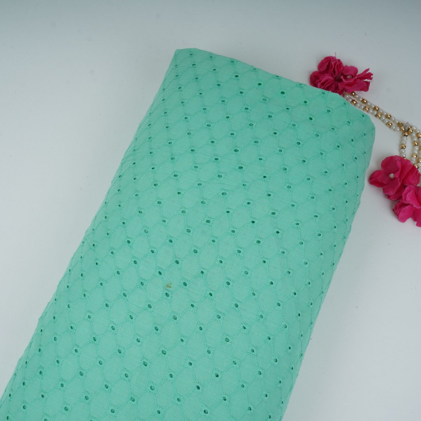 Exclusive Cotton Schiffli Mint Green Sequins Embroidery Fabric