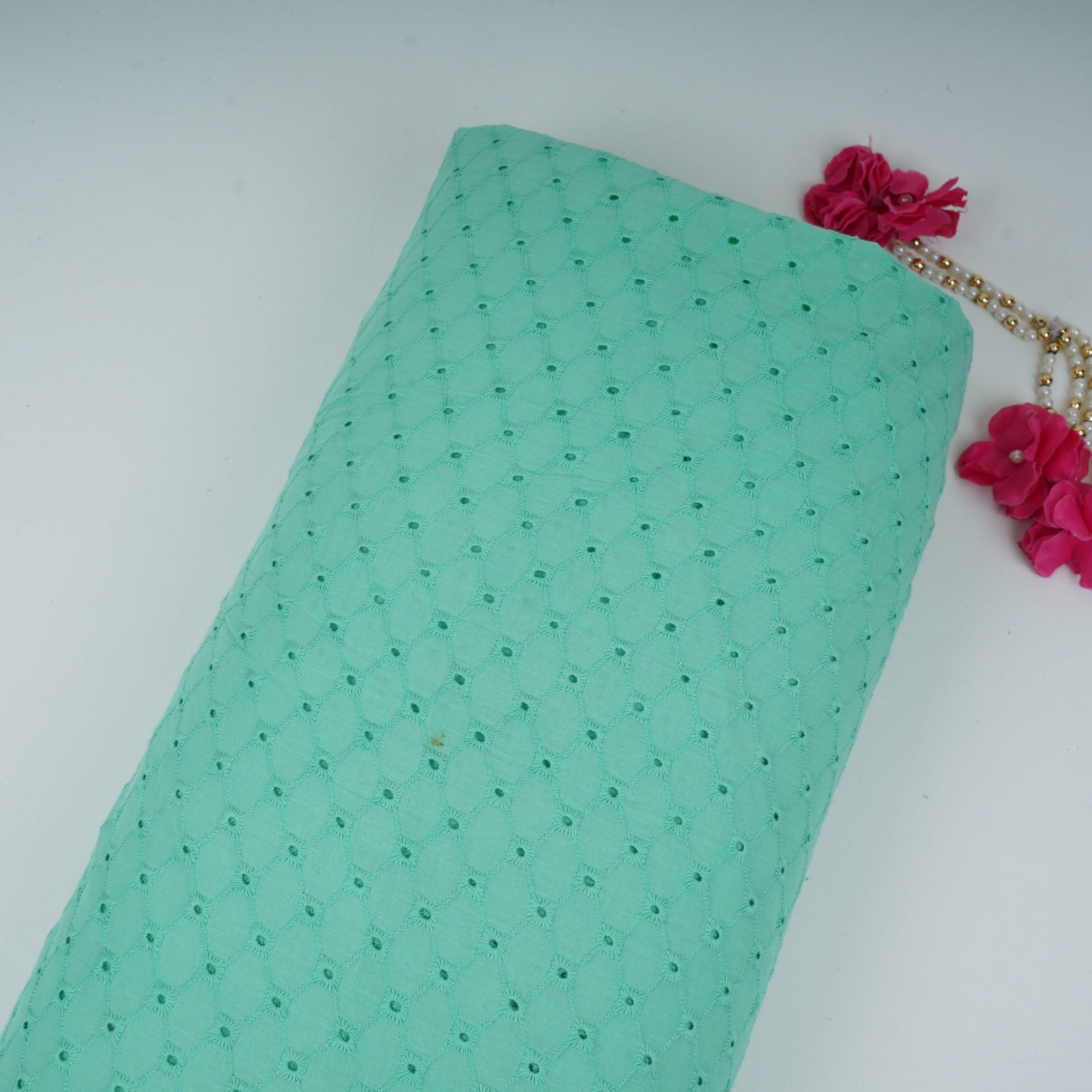 Exclusive Cotton Schiffli Mint Green Sequins Embroidery Fabric - TradeUNO