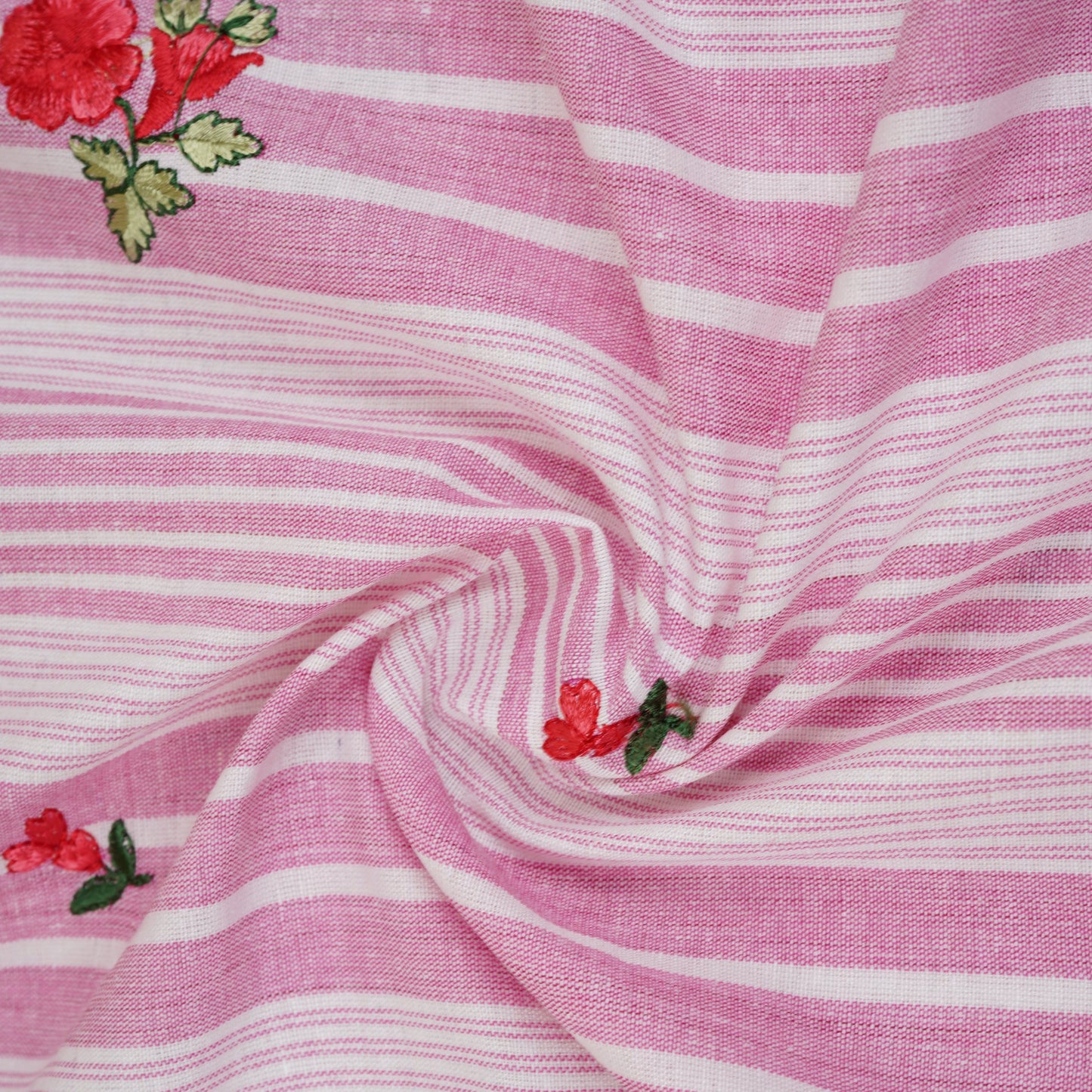 Pink & White Stripes Floral Embroidery South Cotton Fabric GTS-30261