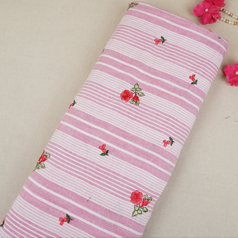 Pink & White Stripes Floral Embroidery South Cotton Fabric GTS-30261