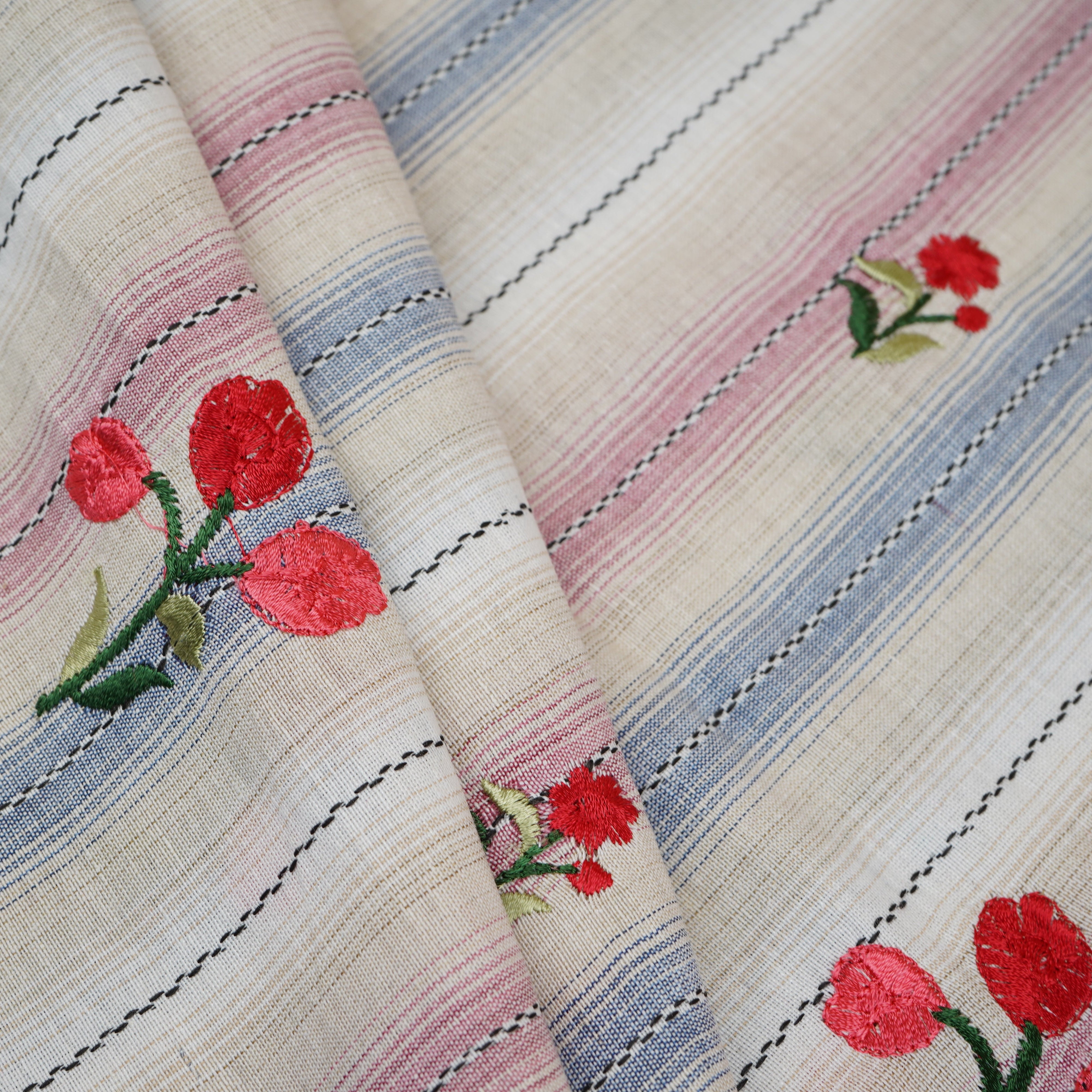 Cream & Off White Stripes Floral Embroidery South Cotton Fabric GTS-30266 - TradeUNO