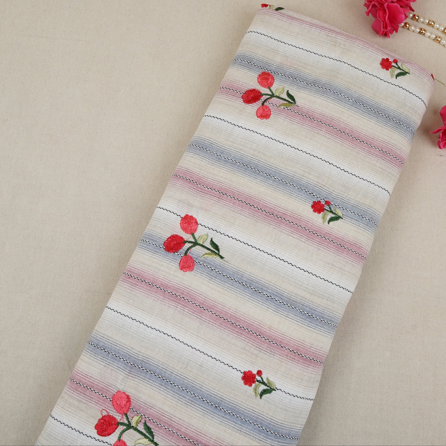 Cream & Off White Stripes Floral Embroidery South Cotton Fabric GTS-30266