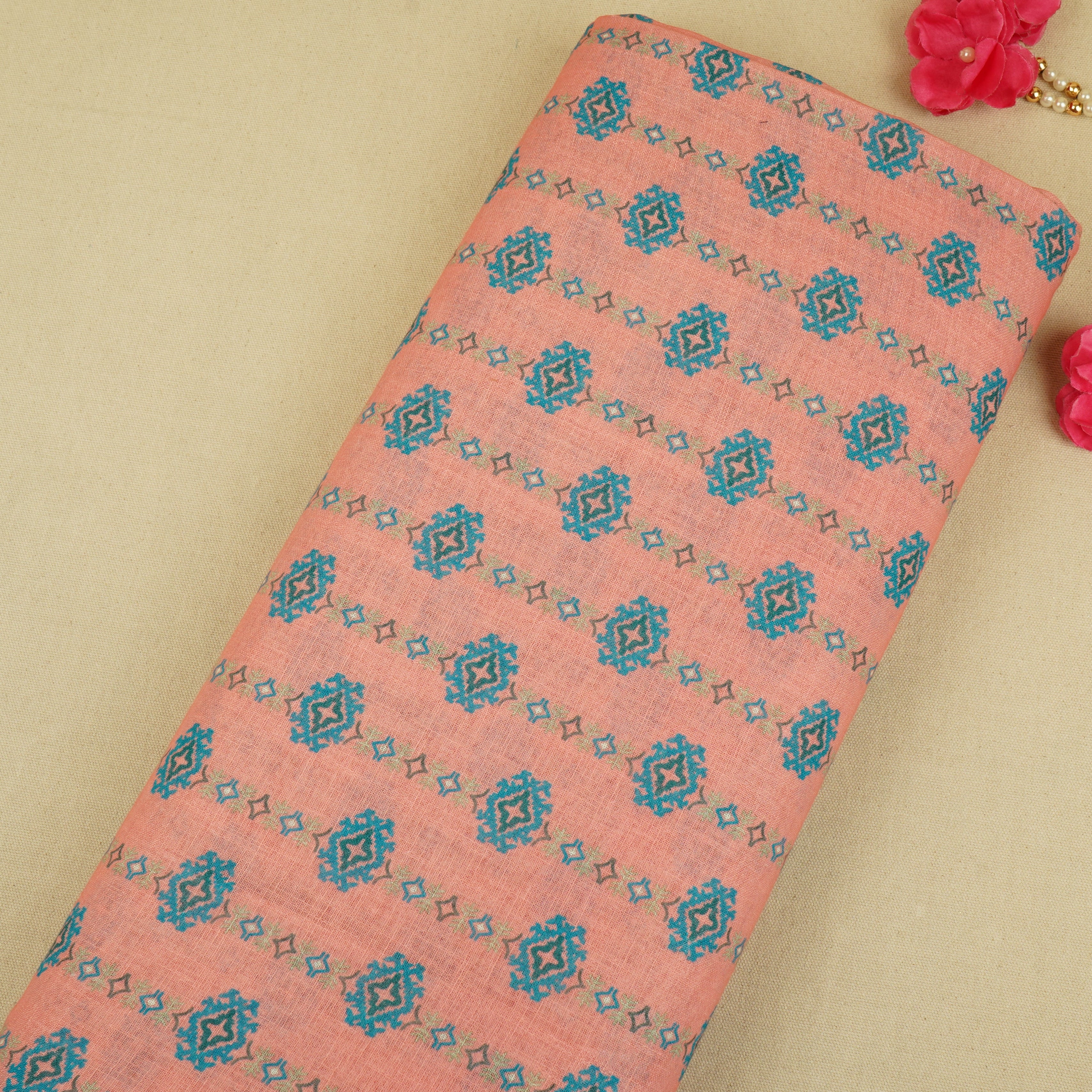 Coral Pink Abstract Print Cotton Linen Fabric GTS-30279 - TradeUNO
