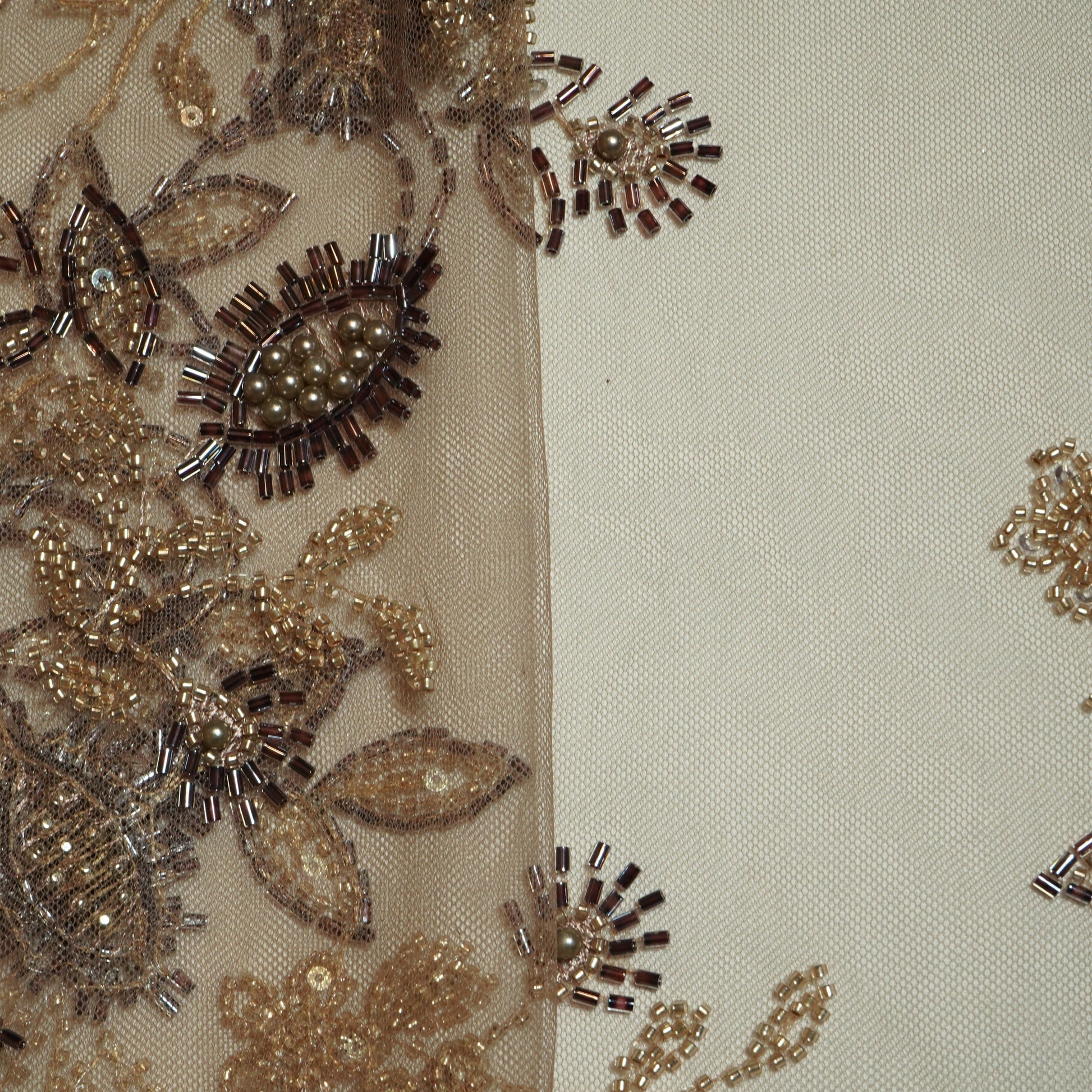 Brown Floral Heavy Pearl Sequins Cut Dana Embroidery Net Fabric