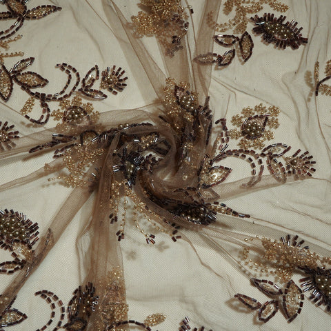 Brown Floral Heavy Pearl Sequins Cut Dana Embroidery Net Fabric