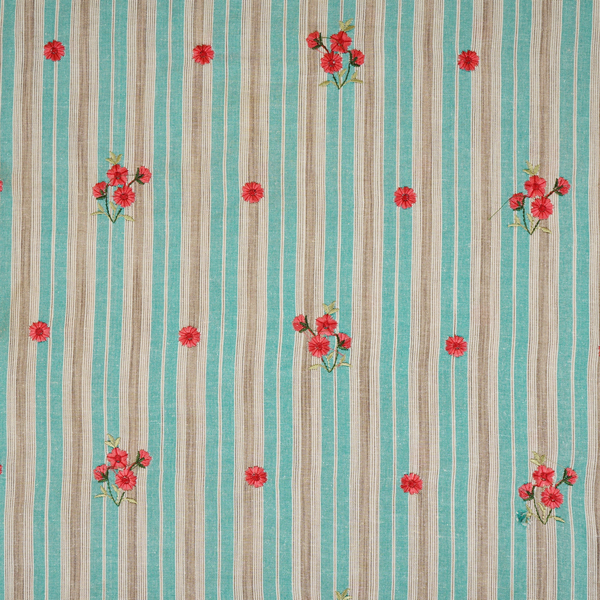 Teal & White Stripes Floral Embroidery South Cotton Fabric GTS-30264 - TradeUNO