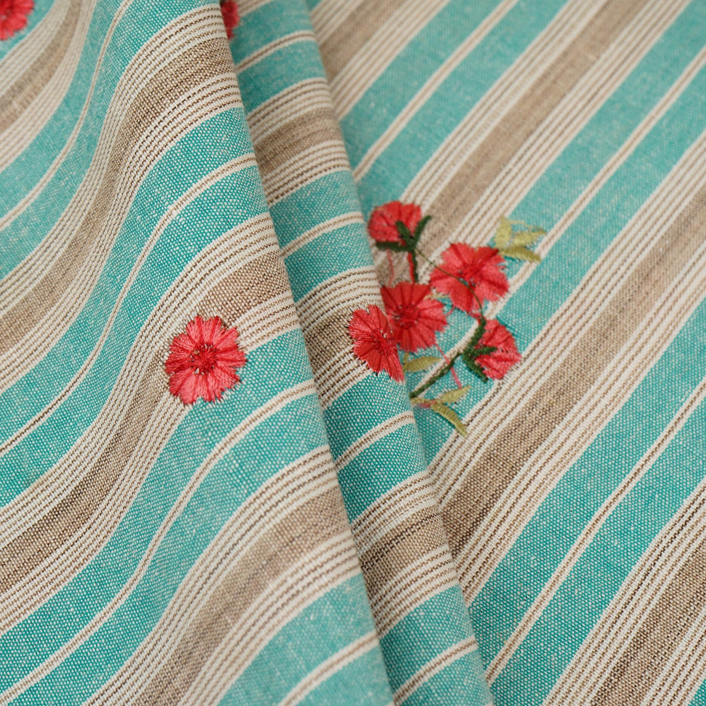 Teal & White Stripes Floral Embroidery South Cotton Fabric GTS-30264 - TradeUNO