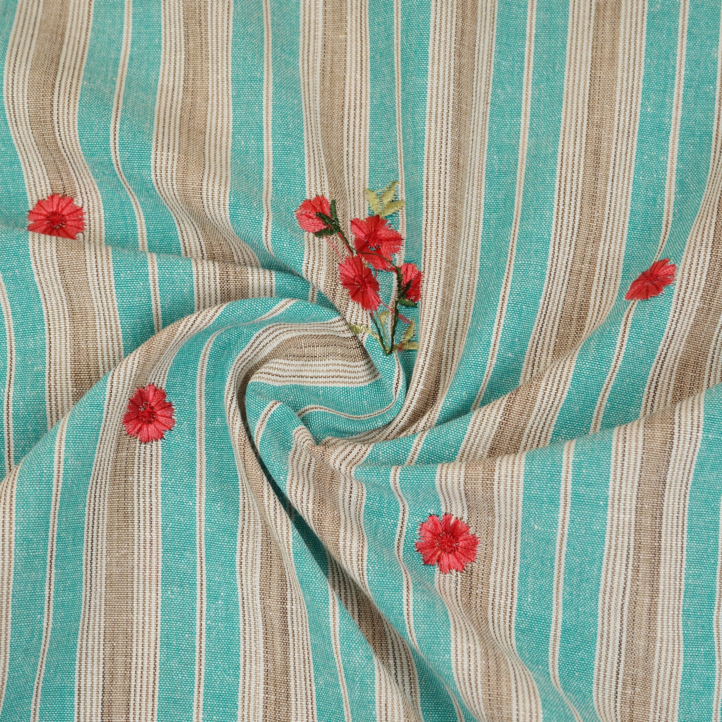 Teal & White Stripes Floral Embroidery South Cotton Fabric GTS-30264 - TradeUNO