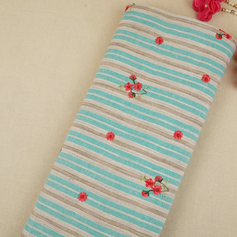 Teal & White Stripes Floral Embroidery South Cotton Fabric GTS-30264