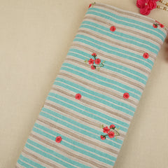 Teal & White Stripes Floral Embroidery South Cotton Fabric GTS-30264 - TradeUNO