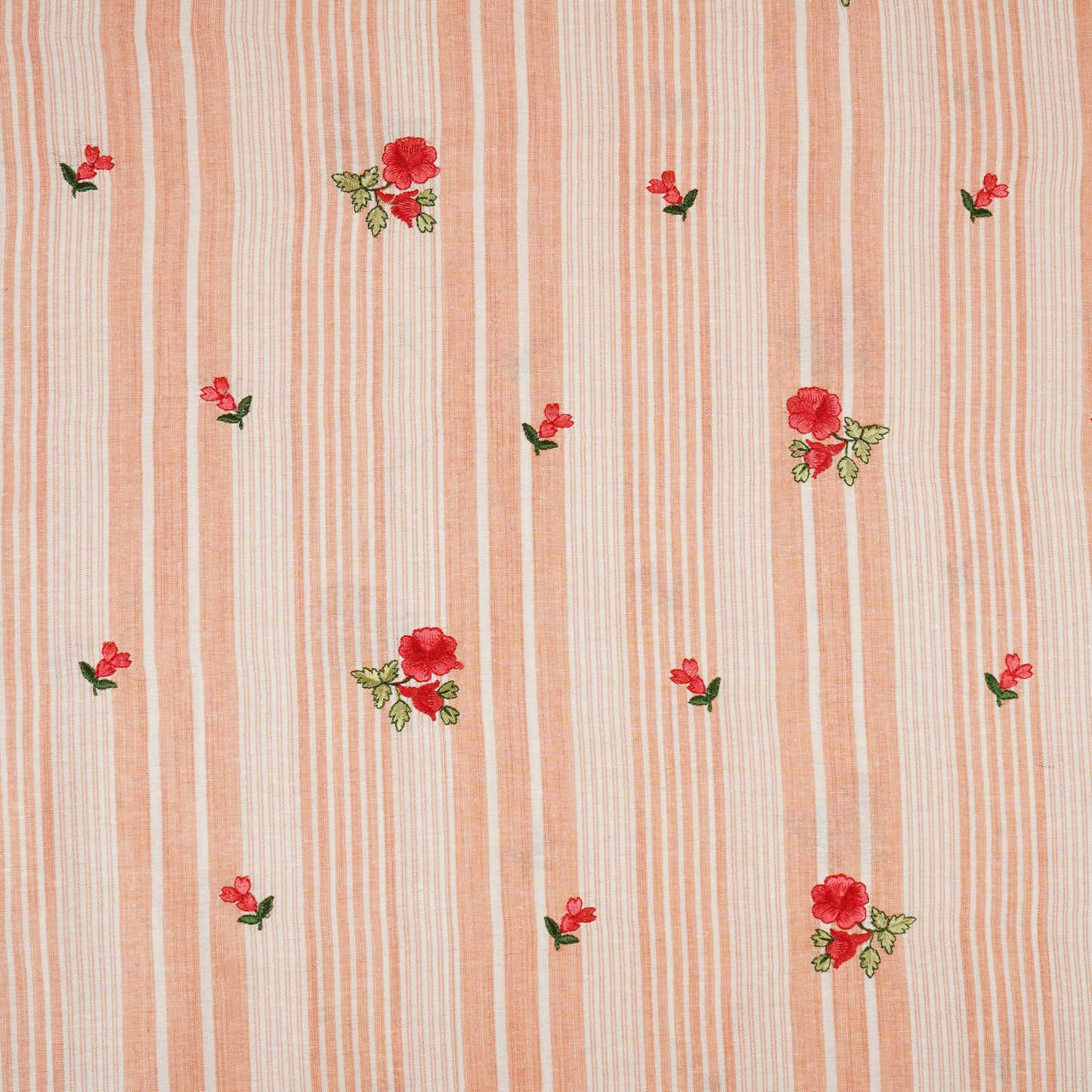 Peach & White Stripes Floral Embroidery South Cotton Fabric GTS-30262