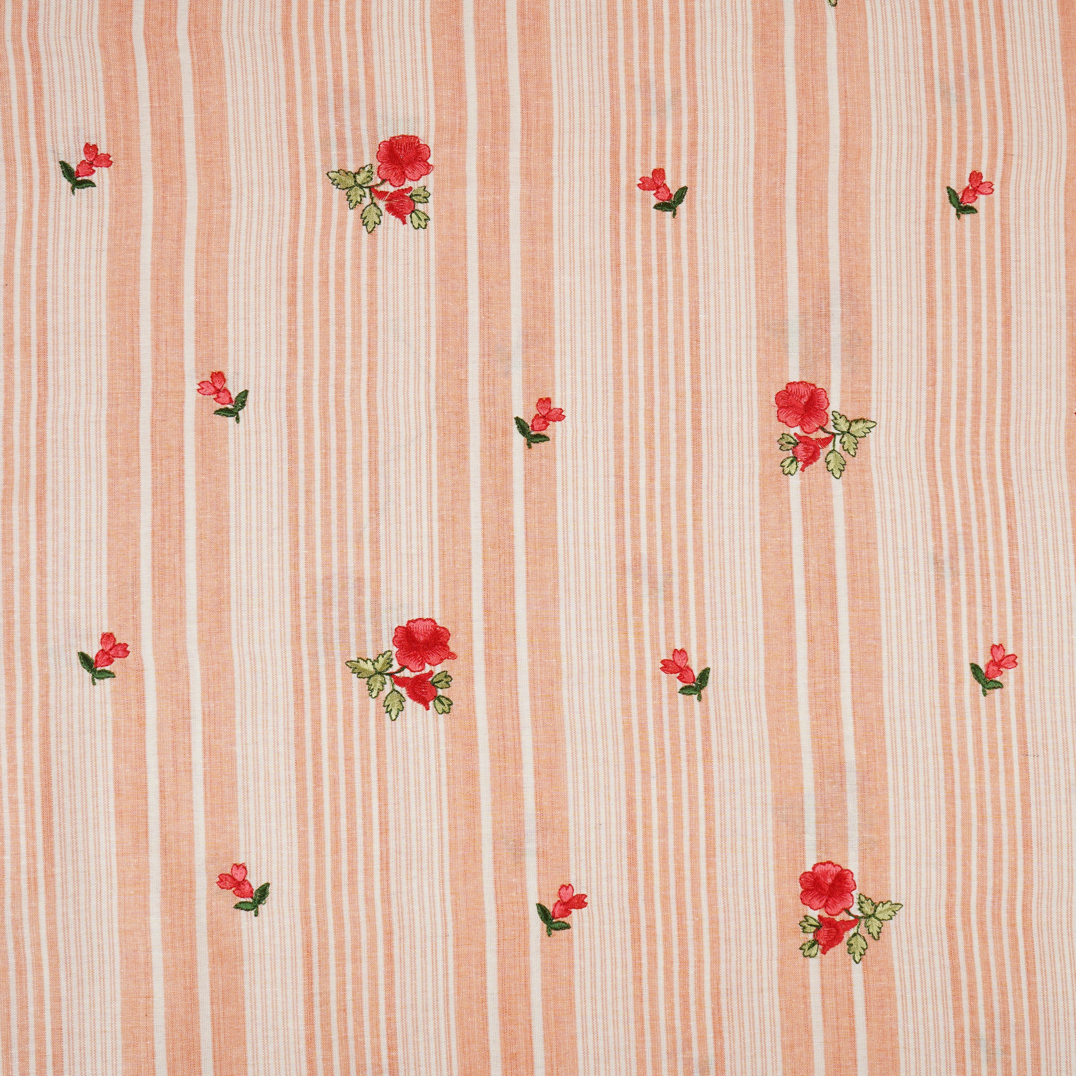 Peach & White Stripes Floral Embroidery South Cotton Fabric GTS-30262 - TradeUNO