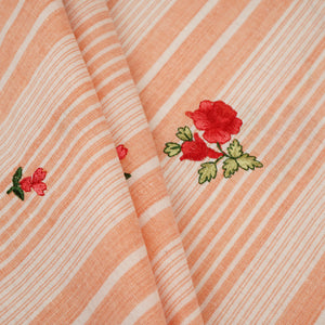 Peach & White Stripes Floral Embroidery South Cotton Fabric GTS-30262 - TradeUNO
