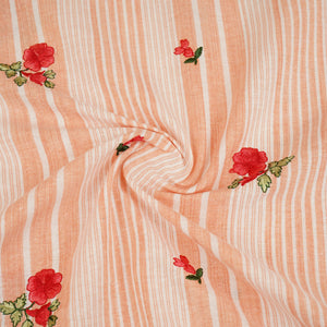 Peach & White Stripes Floral Embroidery South Cotton Fabric GTS-30262 - TradeUNO