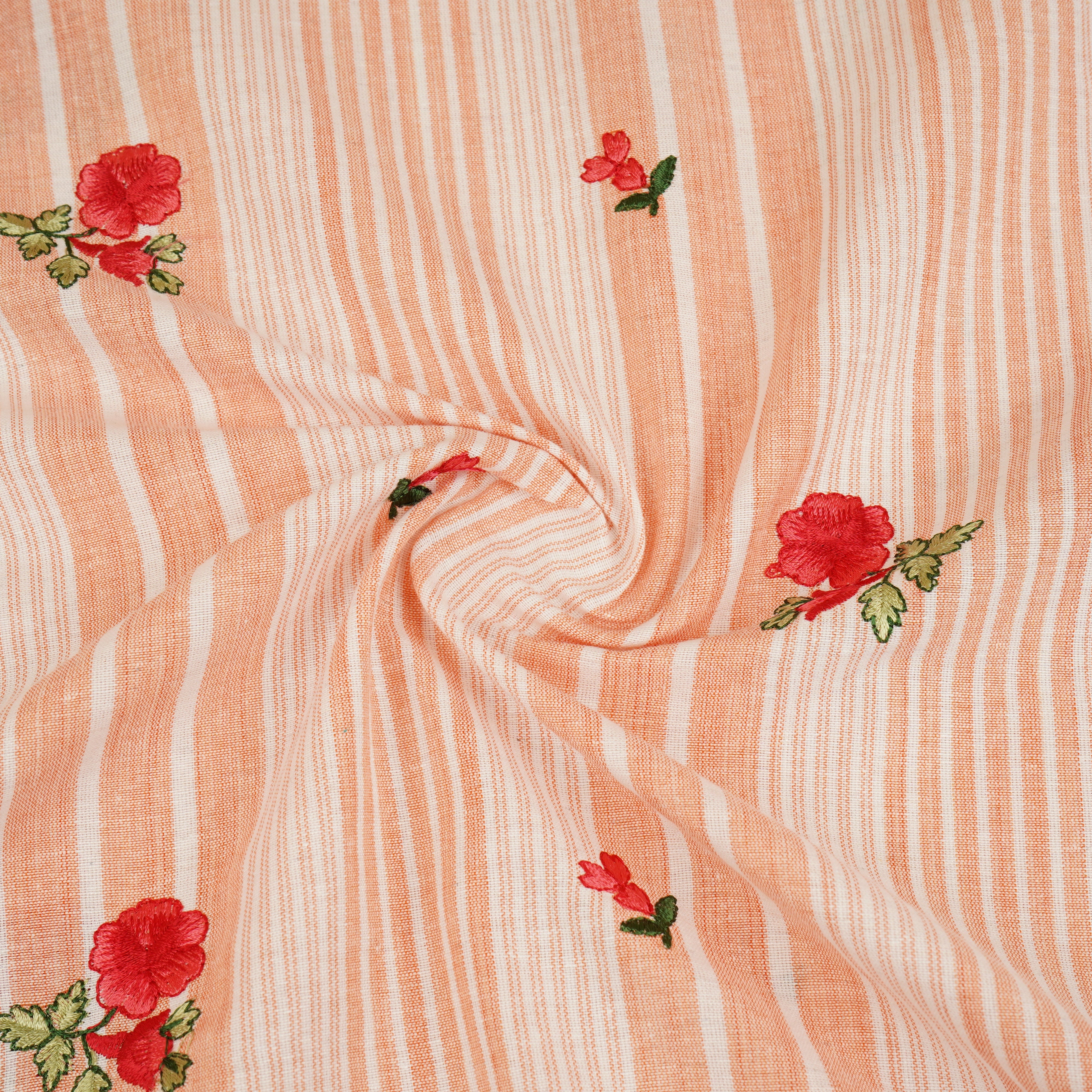 Peach & White Stripes Floral Embroidery South Cotton Fabric GTS-30262 - TradeUNO