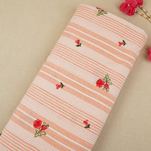 Peach & White Stripes Floral Embroidery South Cotton Fabric GTS-30262 - TradeUNO