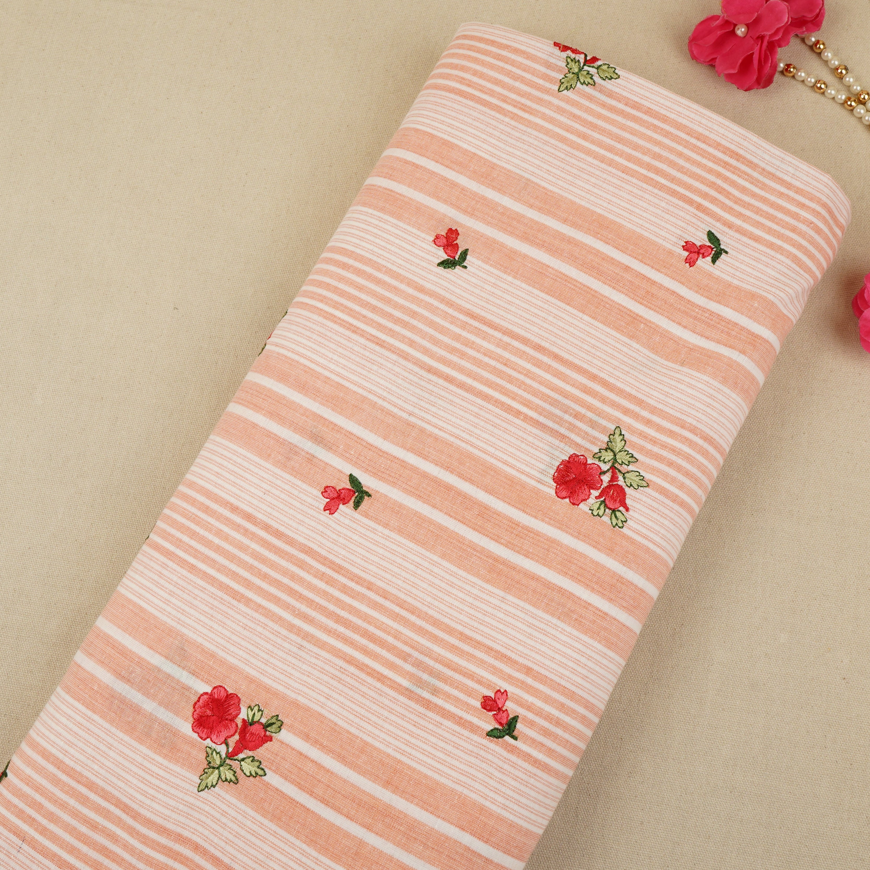 Peach & White Stripes Floral Embroidery South Cotton Fabric GTS-30262 - TradeUNO