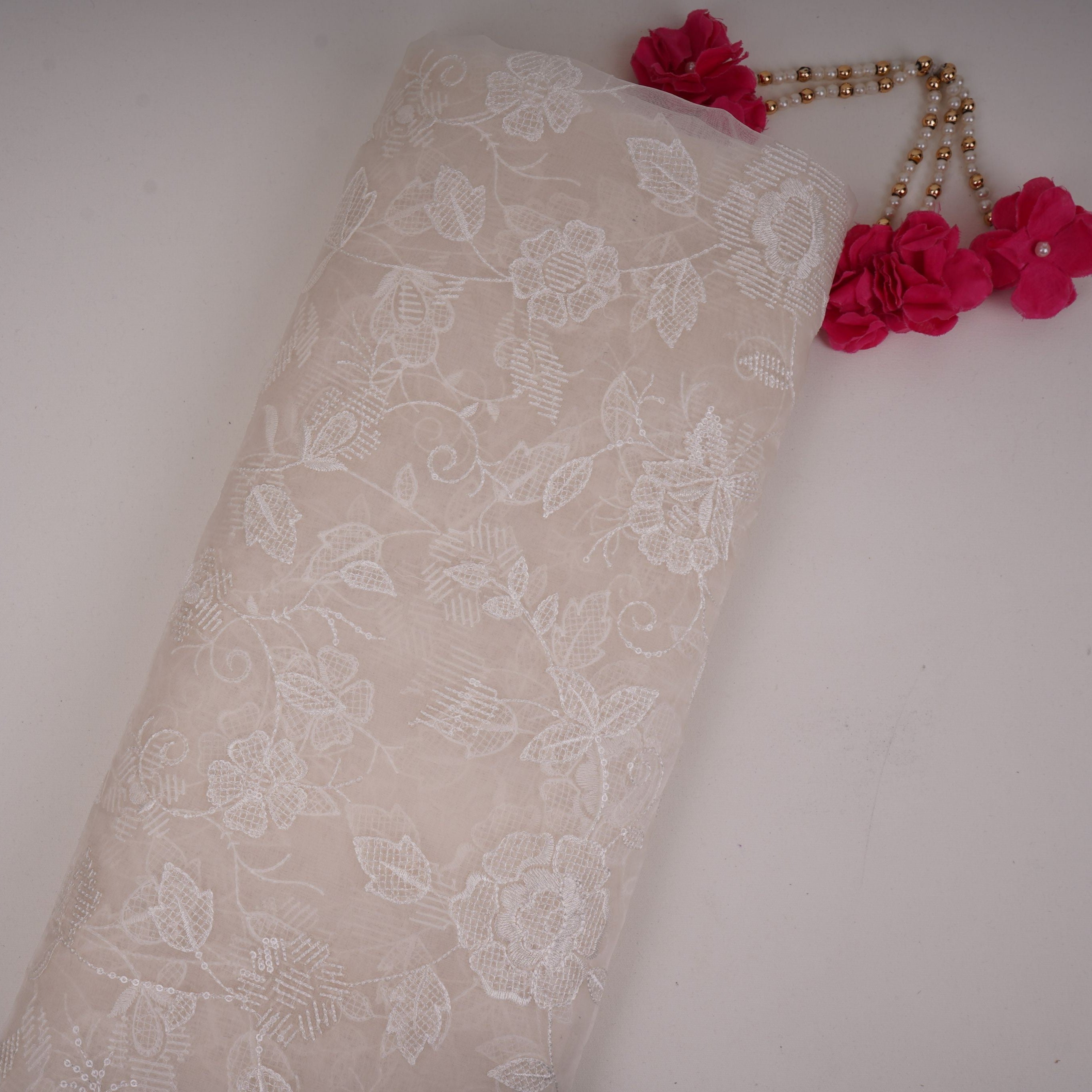 White floral thread & Sequins embroidery Pure 27gm Organza Fabric GPF-32090 - TradeUNO