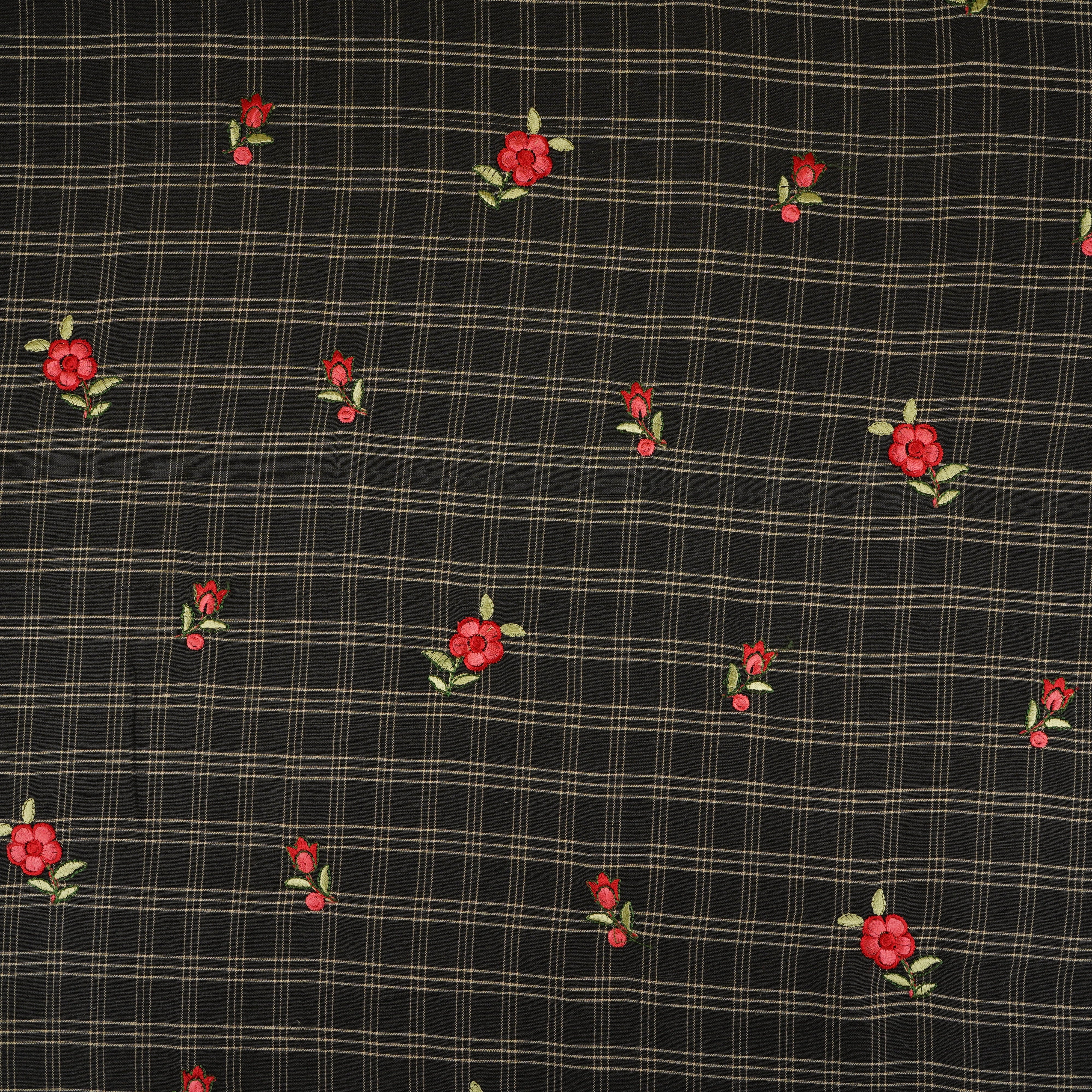 Black & White Check Floral Embroidery South Cotton Fabric GTS-30273 - TradeUNO