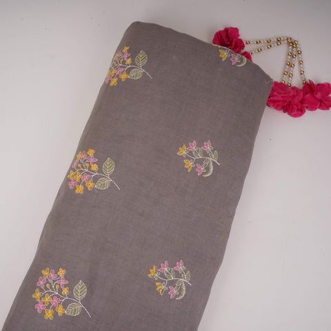 Grey floral thread embroidery Cotton Linen Fabric GPF-32097