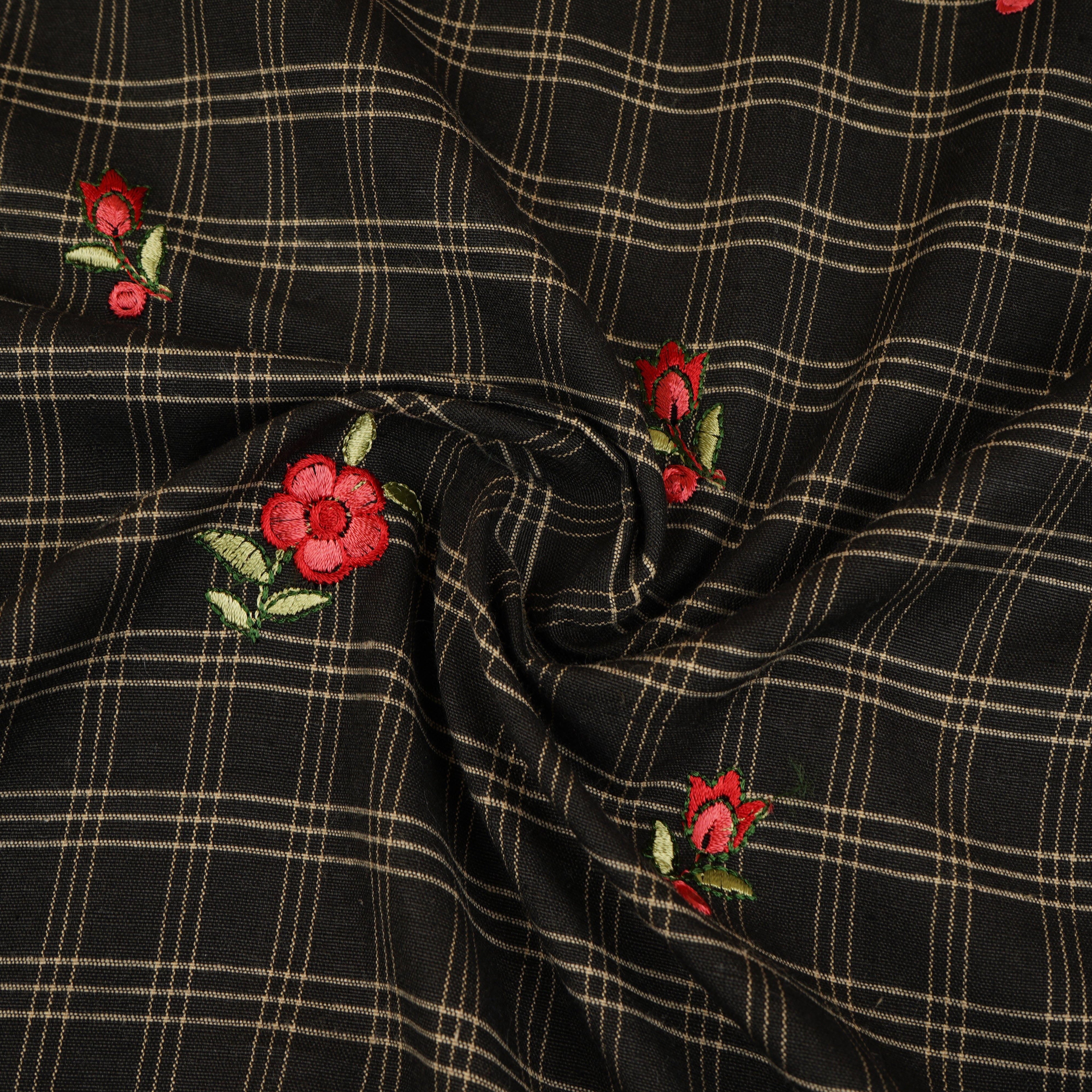 Black & White Check Floral Embroidery South Cotton Fabric GTS-30273 - TradeUNO