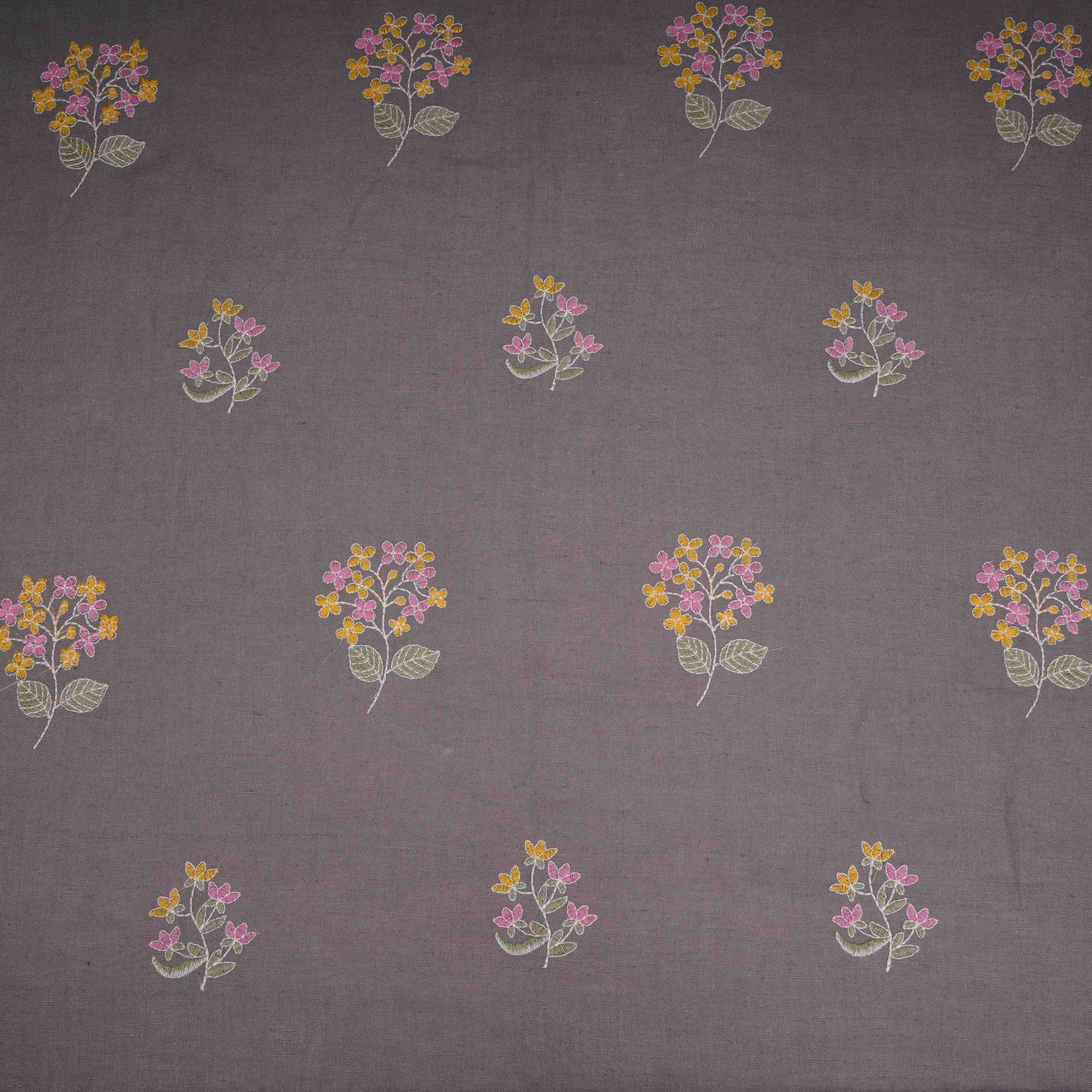 Grey floral thread embroidery Cotton Linen Fabric GPF-32097 - TradeUNO