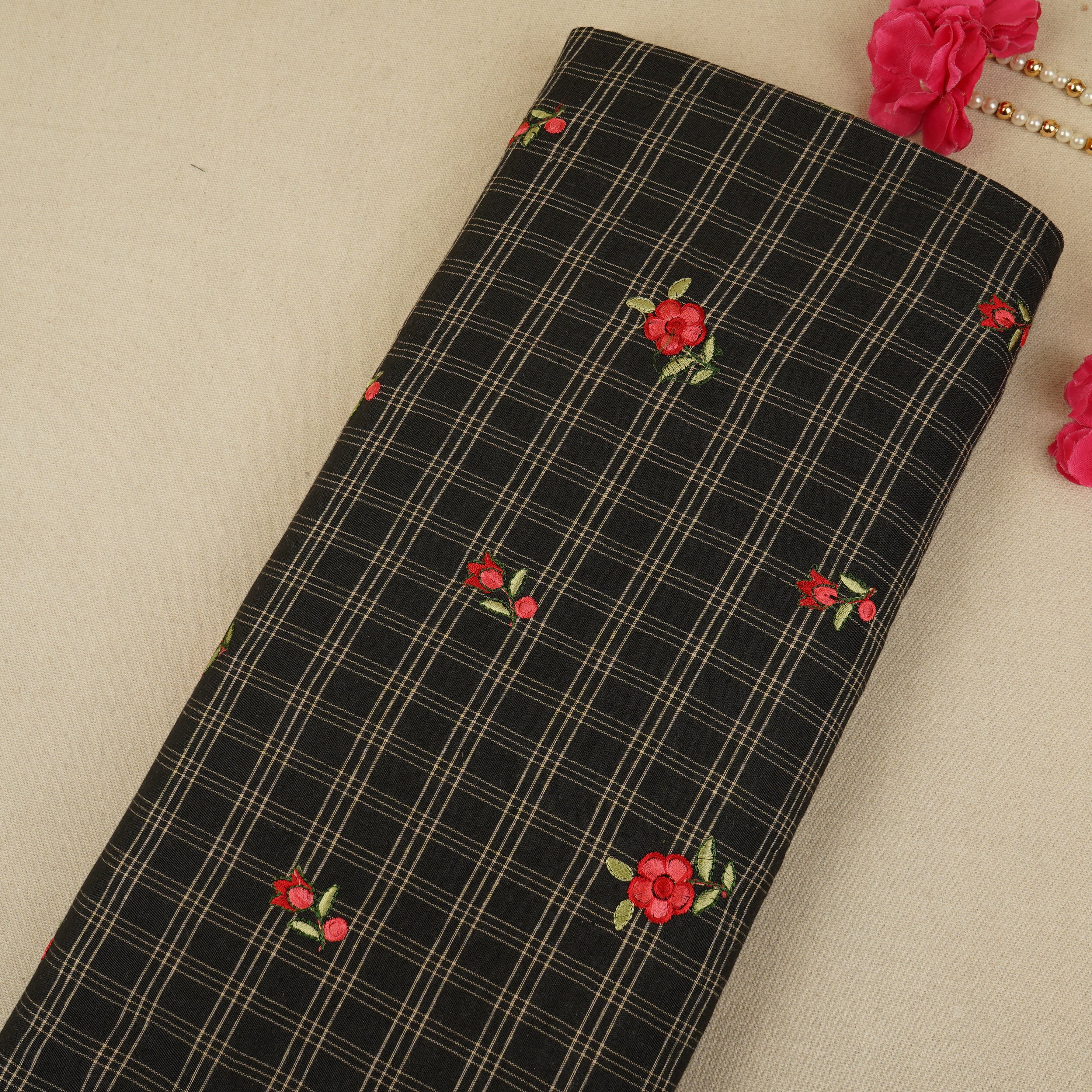 Black & White Check Floral Embroidery South Cotton Fabric GTS-30273 - TradeUNO