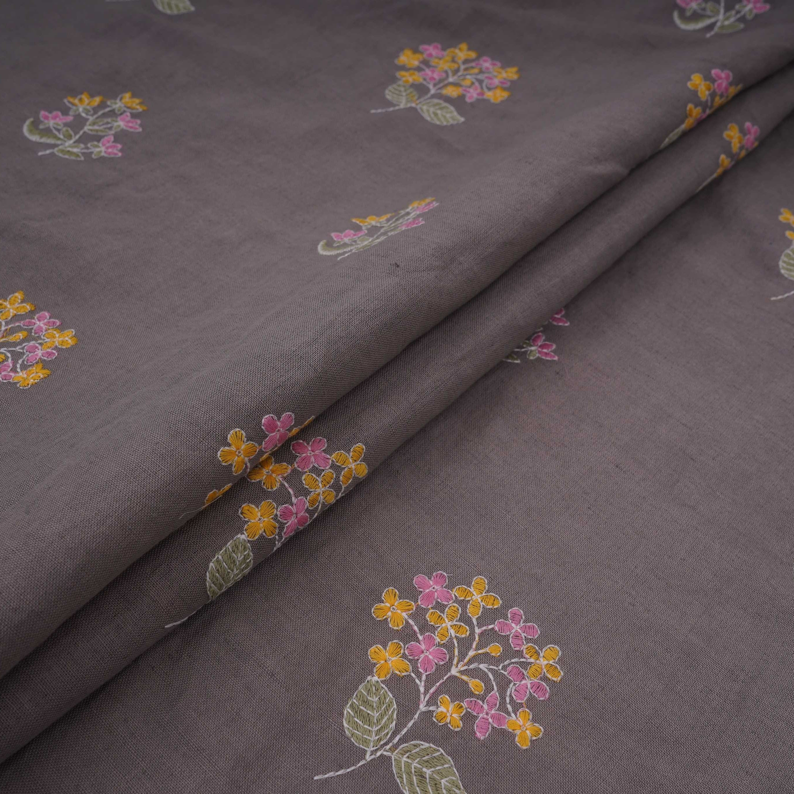 Grey floral thread embroidery Cotton Linen Fabric GPF-32097 - TradeUNO