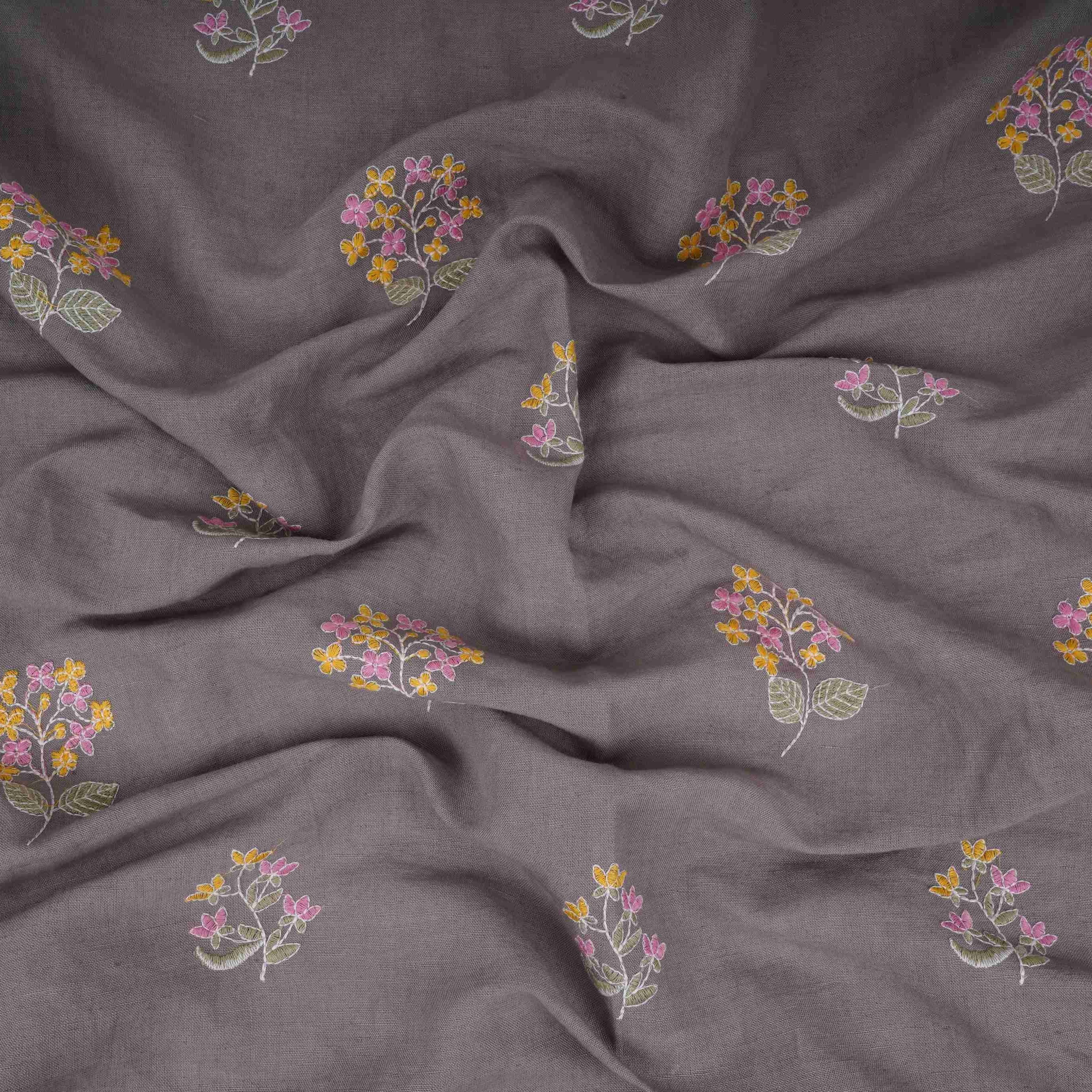 Grey floral thread embroidery Cotton Linen Fabric GPF-32097 - TradeUNO