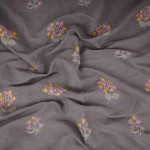 Grey floral thread embroidery Cotton Linen Fabric GPF-32097 - TradeUNO