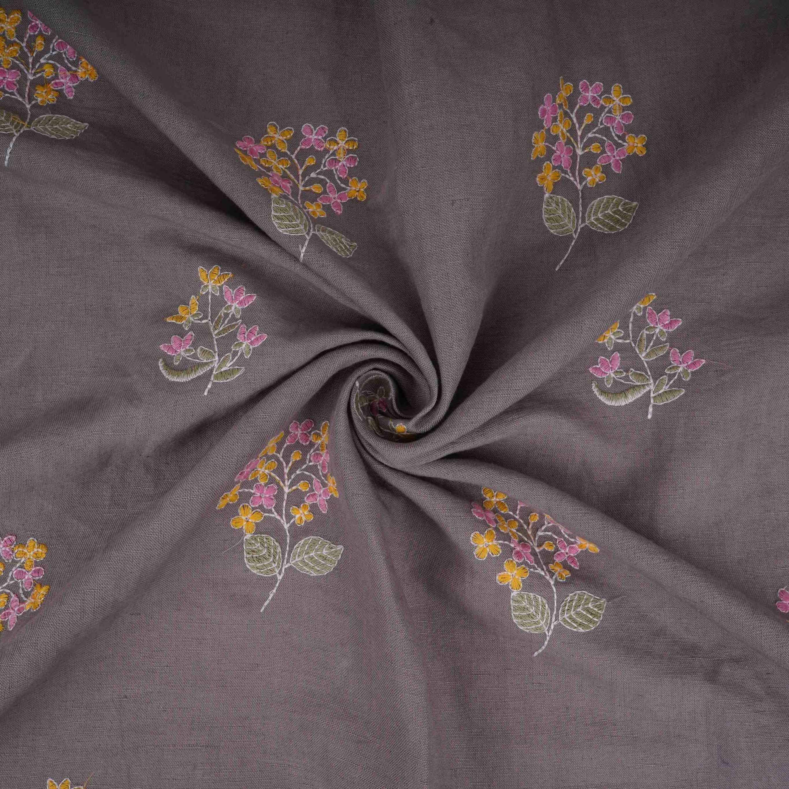 Grey floral thread embroidery Cotton Linen Fabric GPF-32097 - TradeUNO