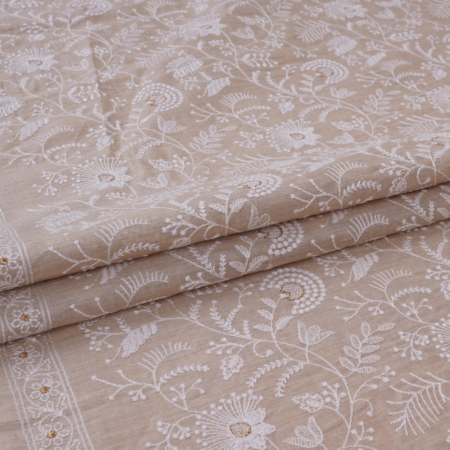 Beige thread embroidery Pure Munga Silk Fabric GPF-32096