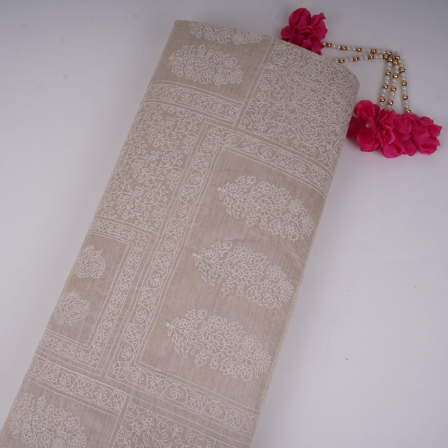 Beige thread embroidery Pure Munga Silk Fabric GPF-32095