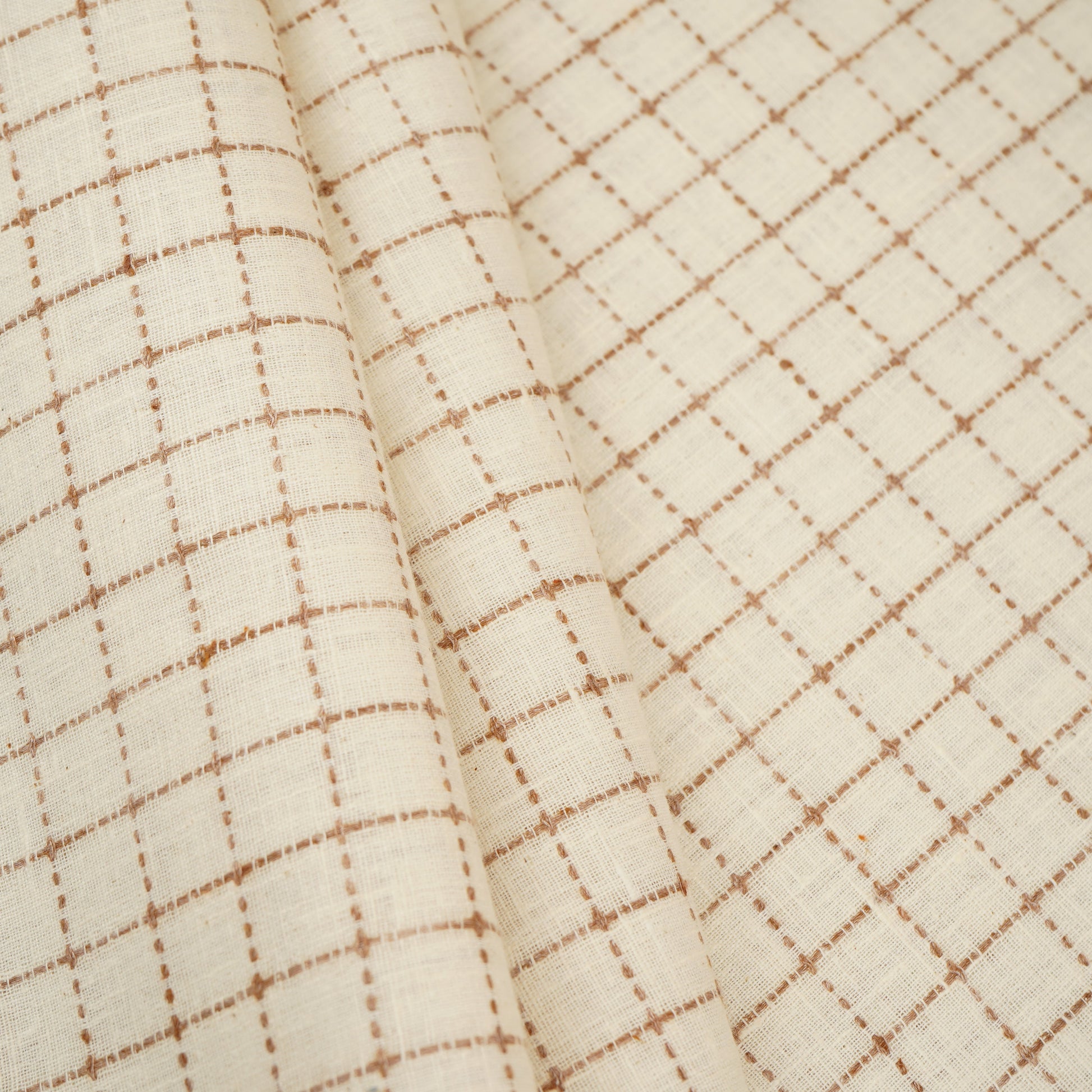 Brown with Off White Check Linen Fabric RS-30228 - TradeUNO