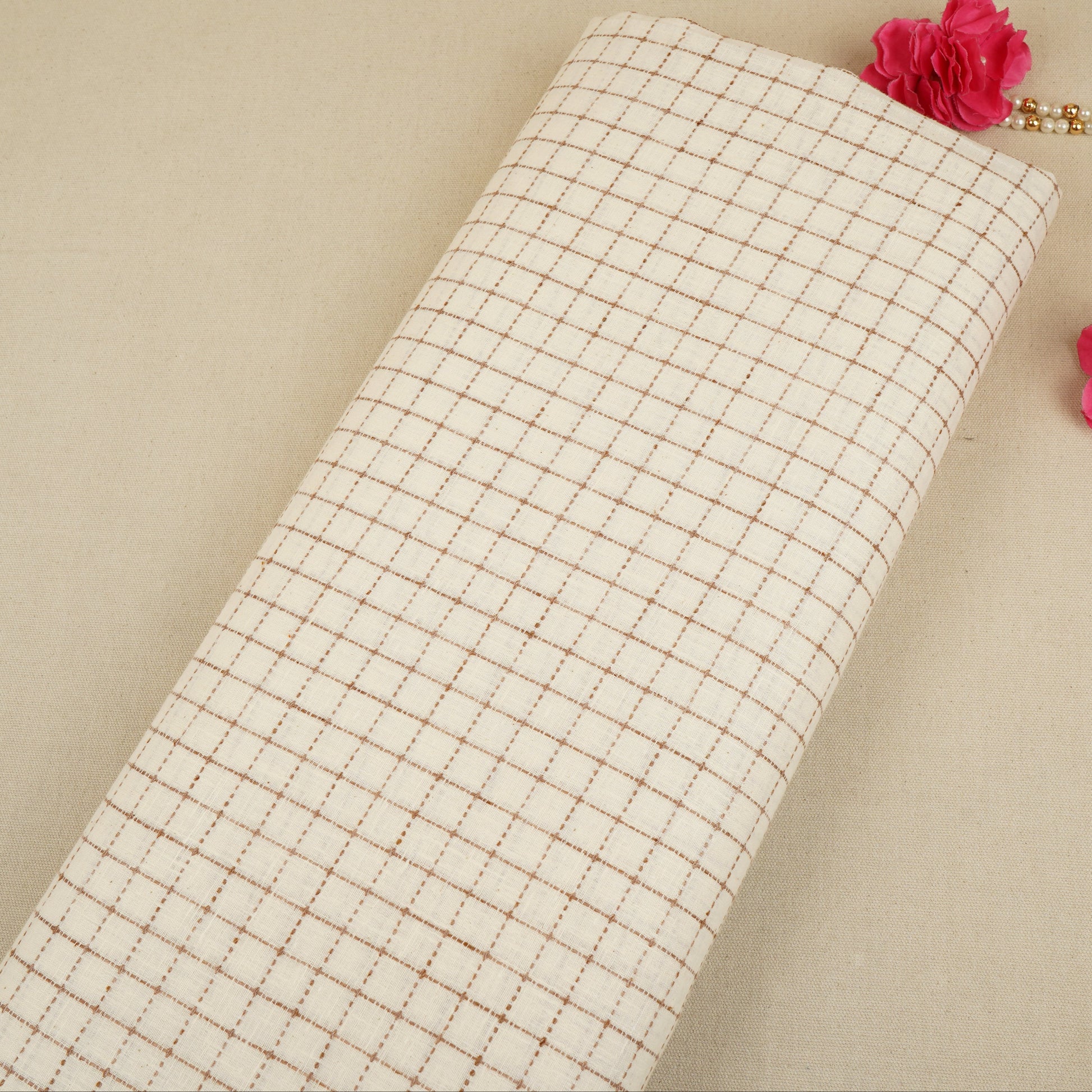 Brown with Off White Check Linen Fabric RS-30228 - TradeUNO