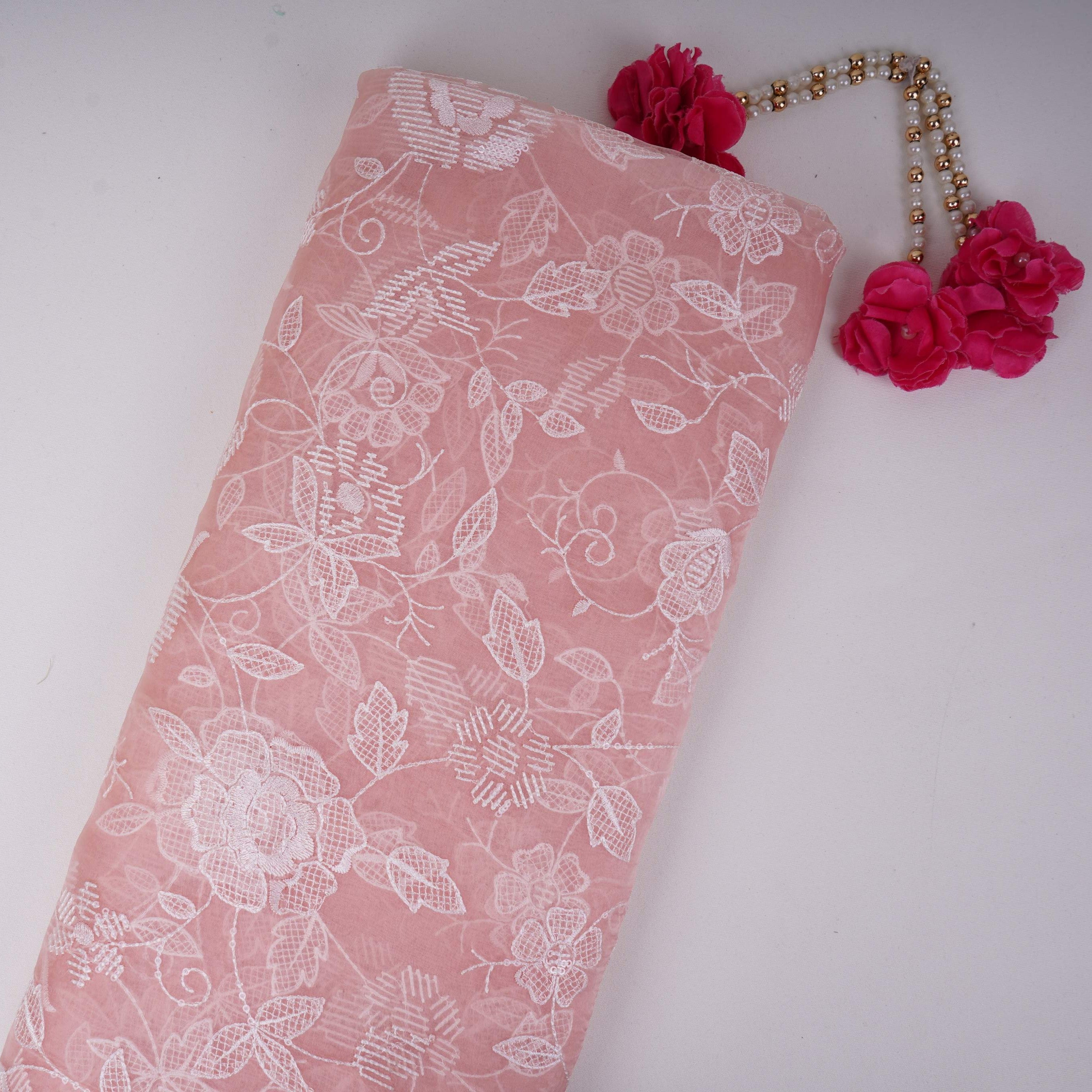 Pink floral thread & Sequins embroidery Pure 27gm Organza Fabric GPF-32089 - TradeUNO