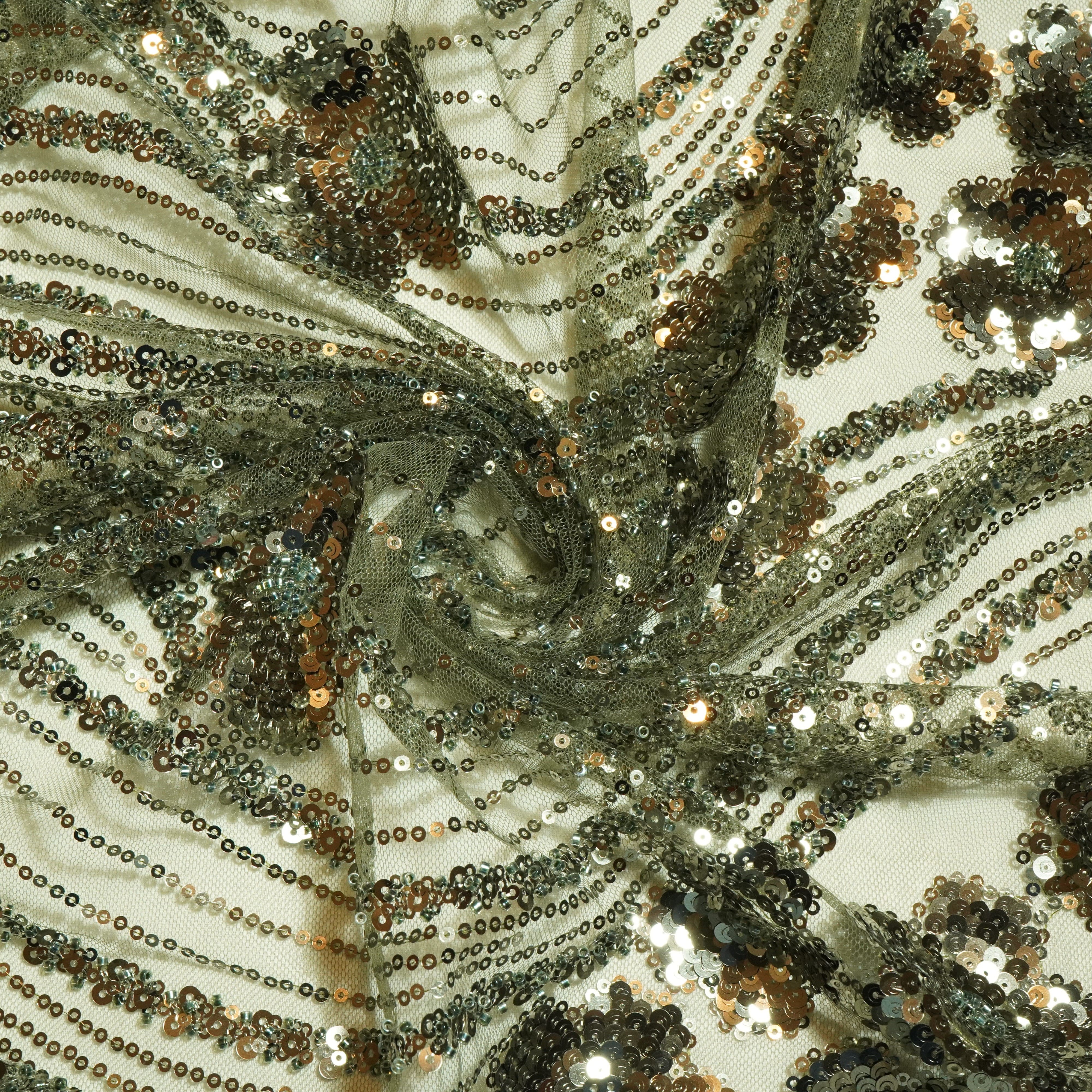 Military Green CutdanaSequins Embroidery Net Fabric 19976