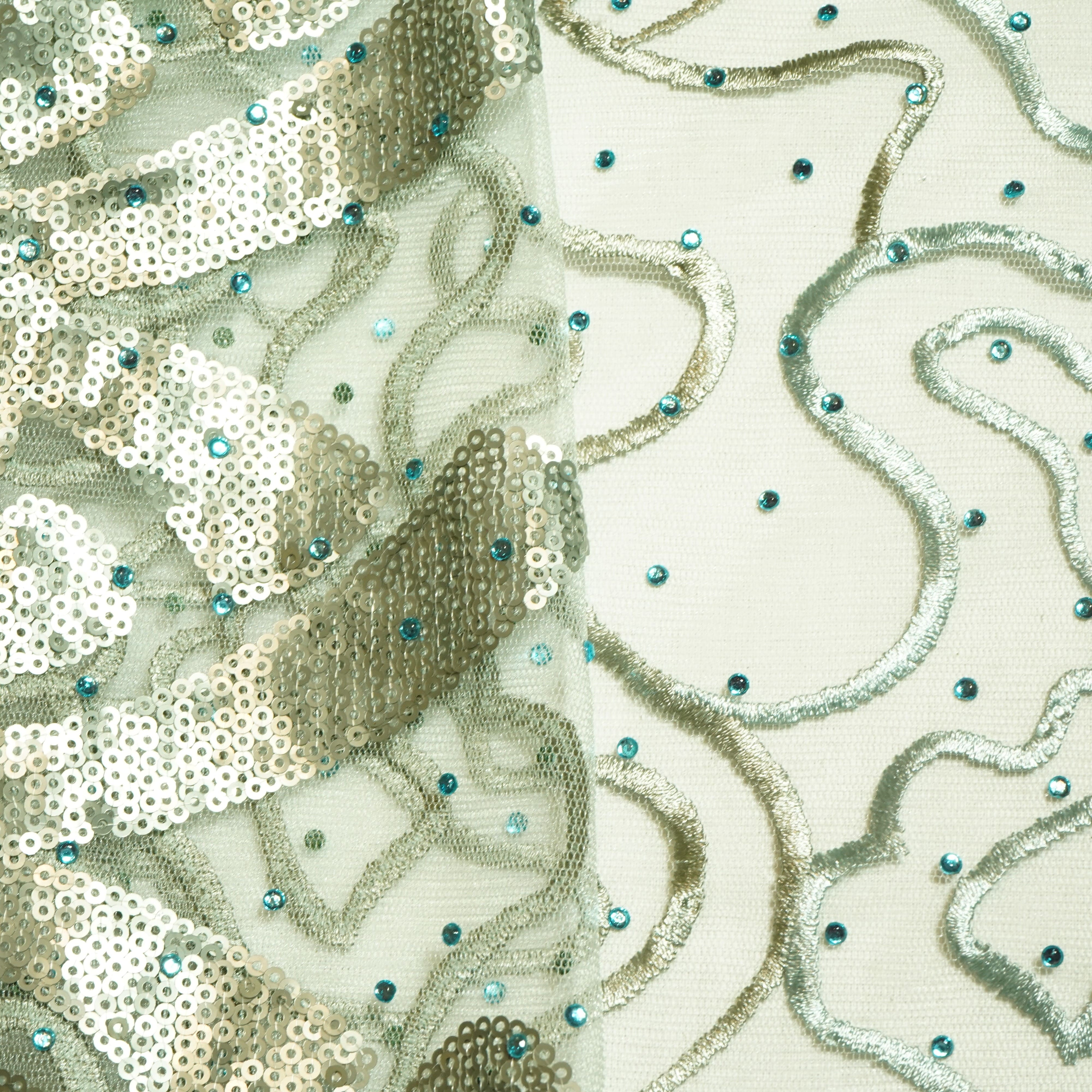 Sea Green Sequins Embroidery Net Fabric