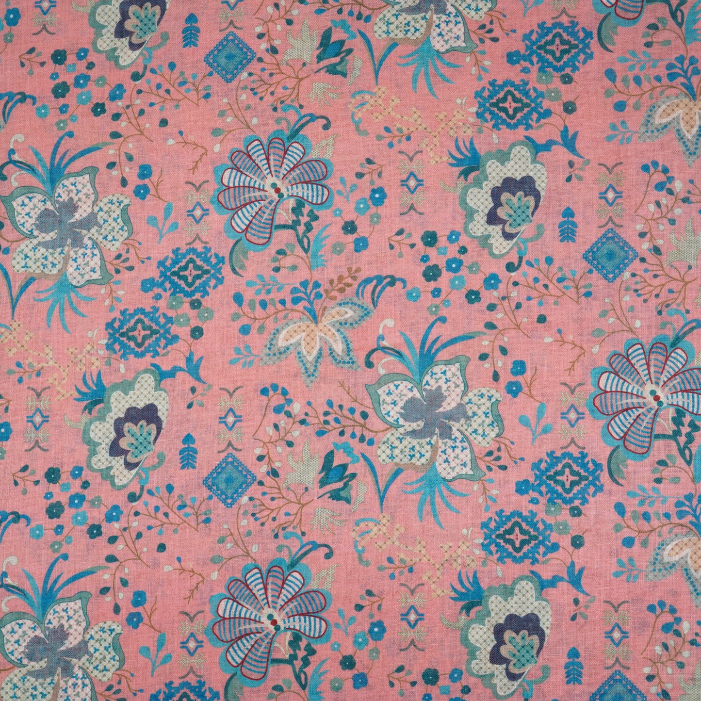 Coral Pink Floral Print Cotton Linen Fabric GTS-30278