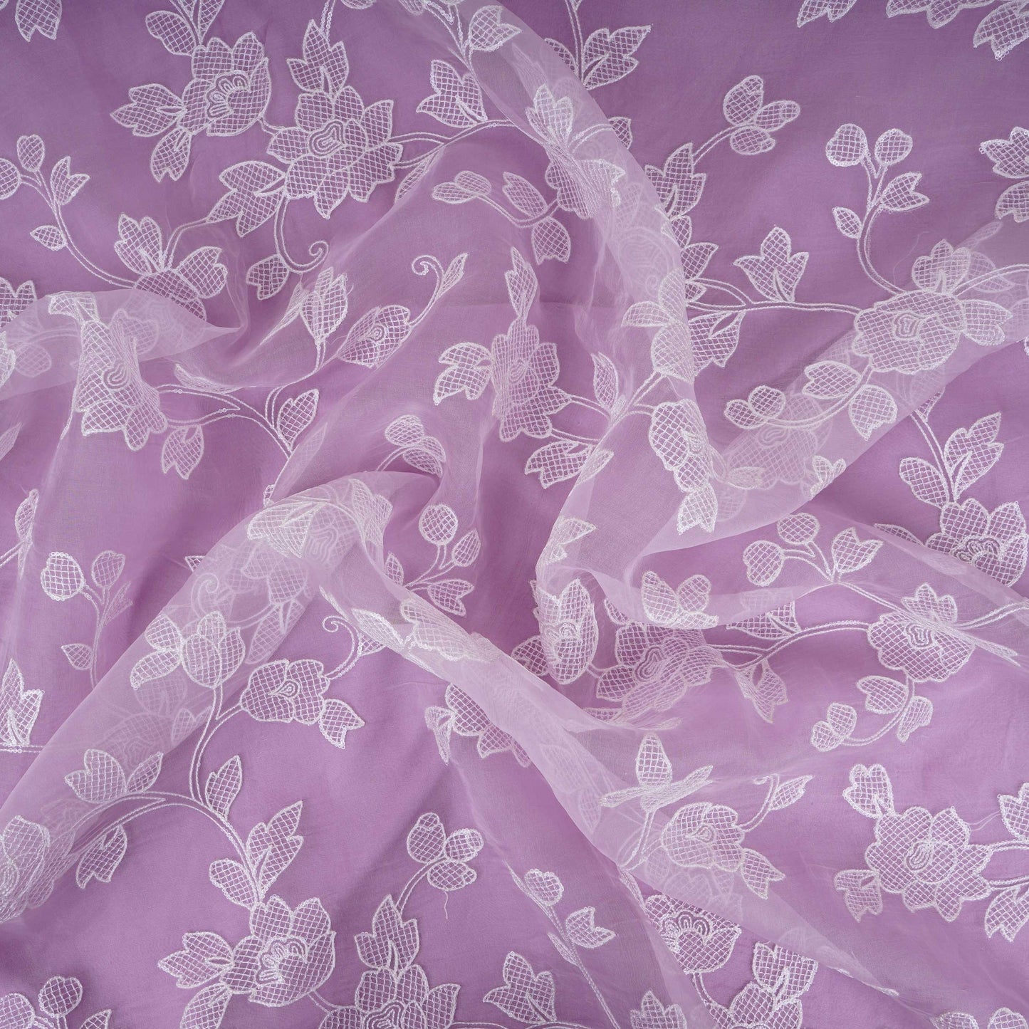 Lavender floral jaal embroidery Pure 27gm Organza Fabric GPF-32093