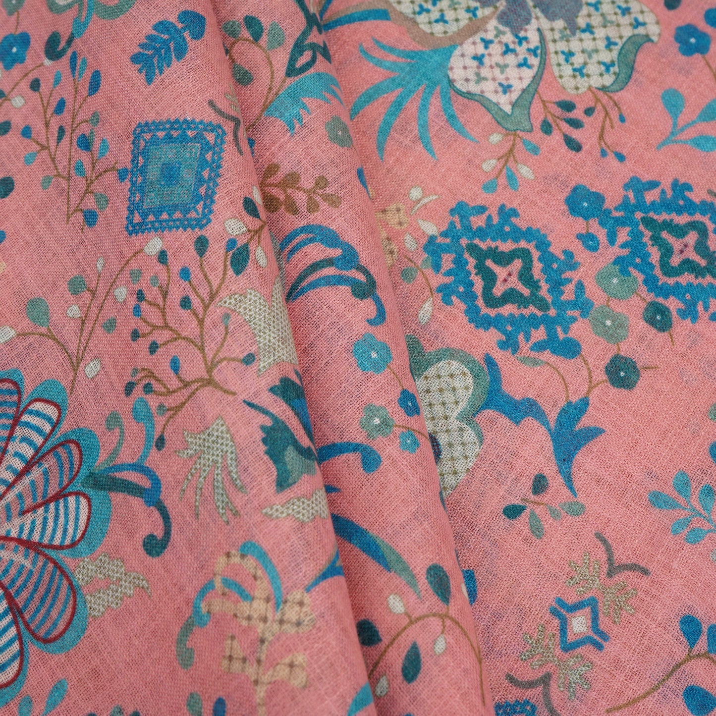 Coral Pink Floral Print Cotton Linen Fabric GTS-30278