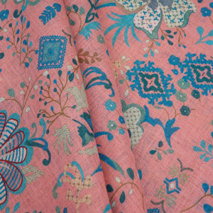Coral Pink Floral Print Cotton Linen Fabric GTS-30278 - TradeUNO