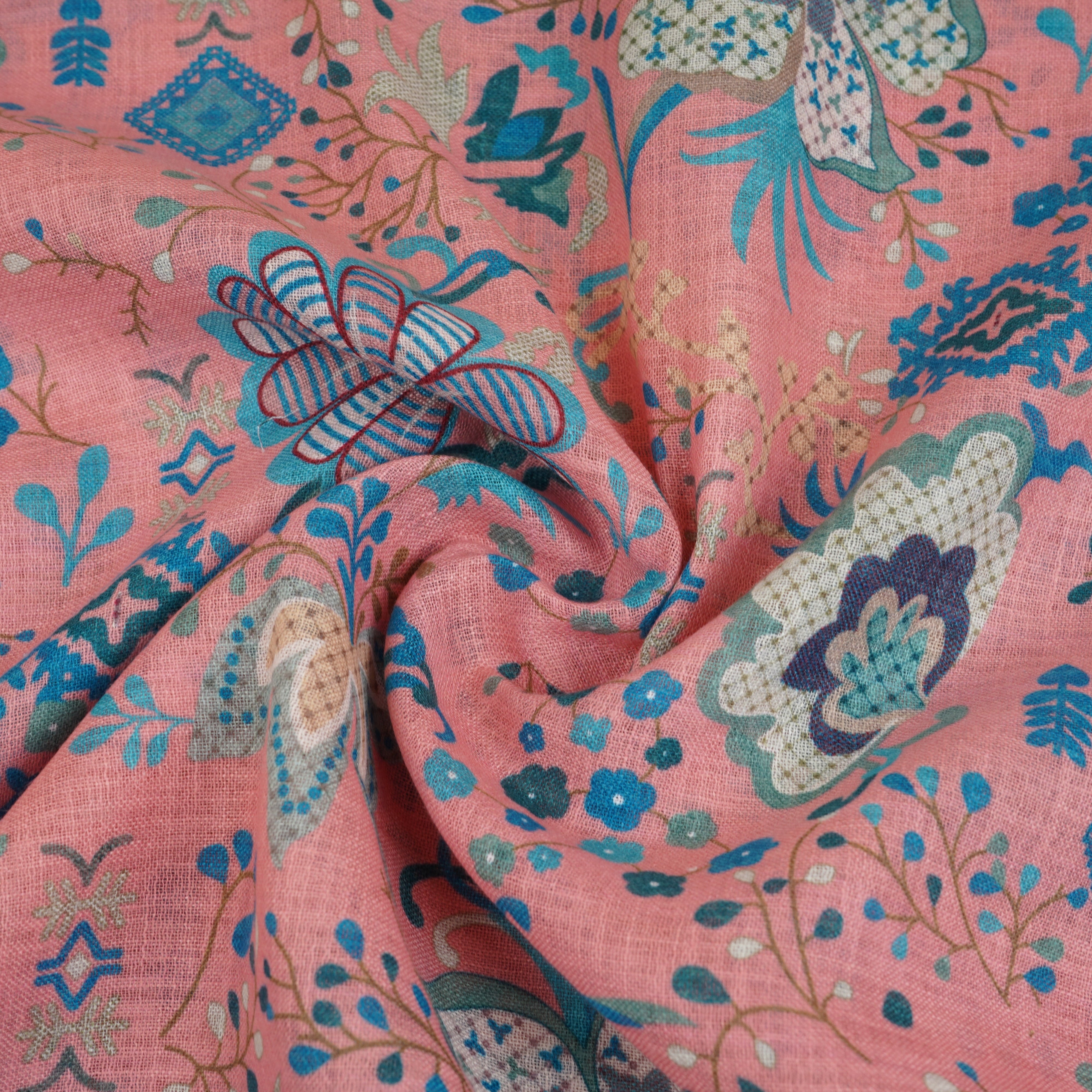 Coral Pink Floral Print Cotton Linen Fabric GTS-30278 - TradeUNO