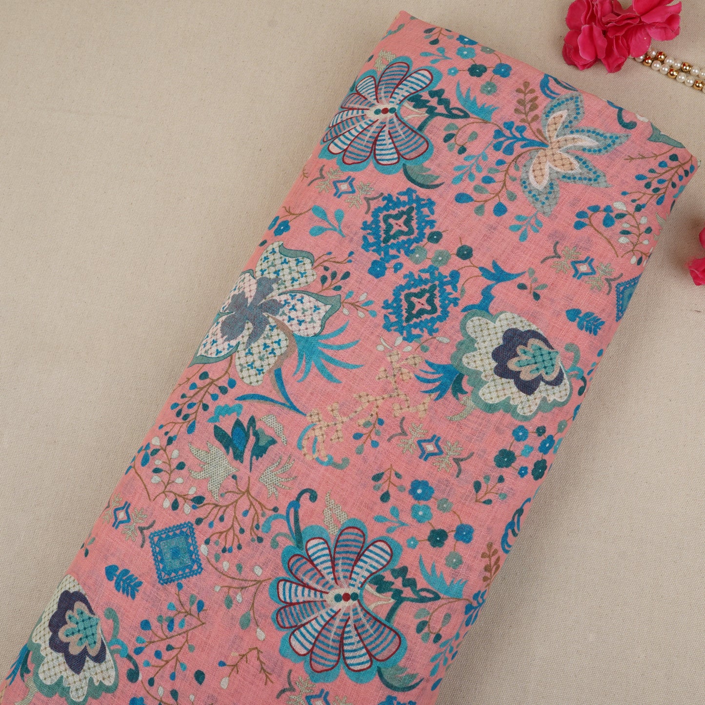 Coral Pink Floral Print Cotton Linen Fabric GTS-30278