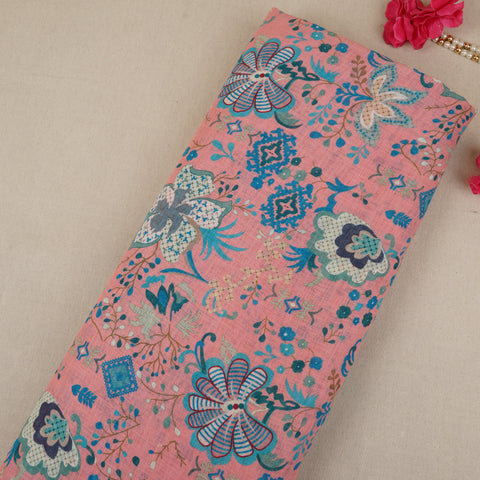 Coral Pink Floral Print Cotton Linen Fabric GTS-30278
