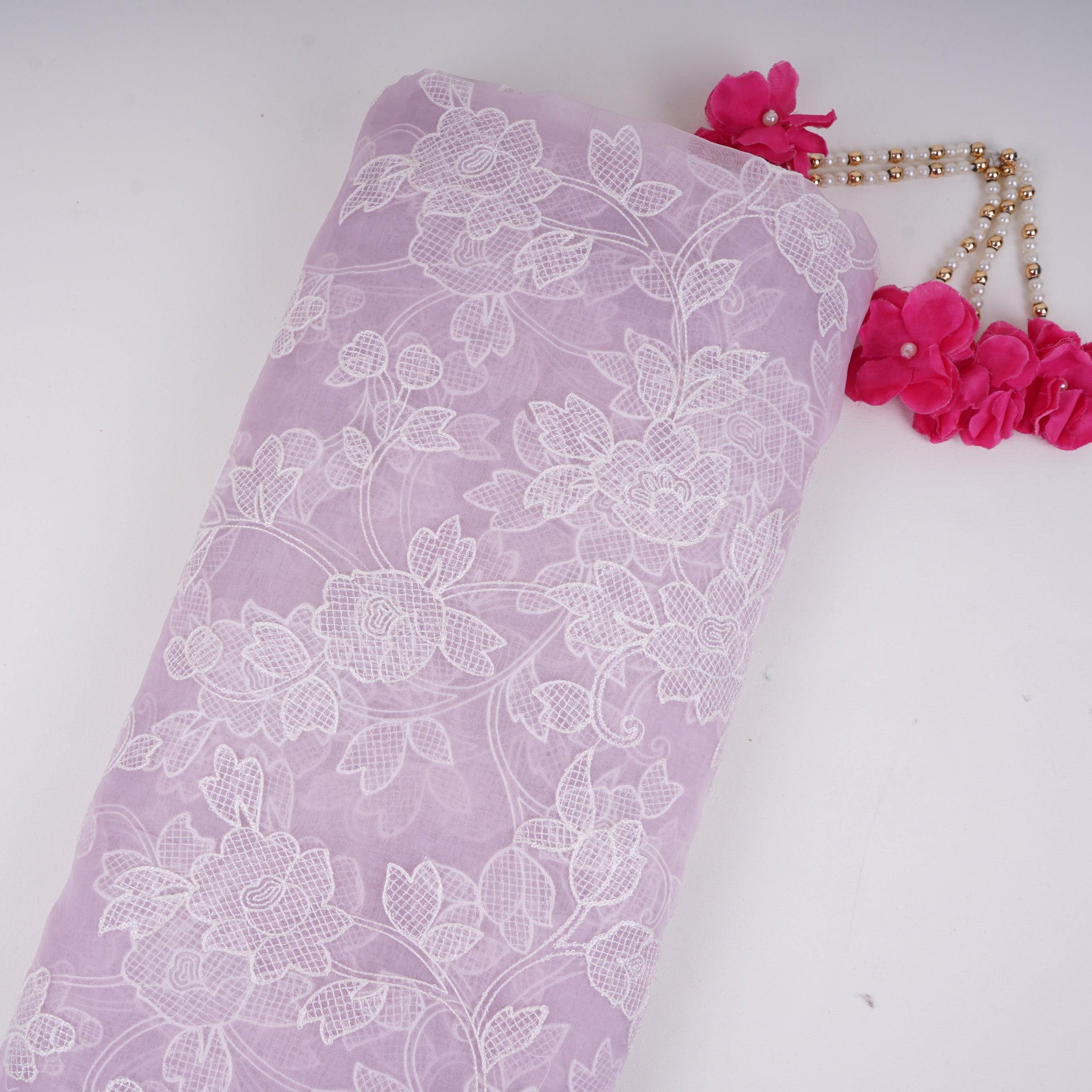 Lavender floral jaal embroidery Pure 27gm Organza Fabric GPF-32093 - TradeUNO