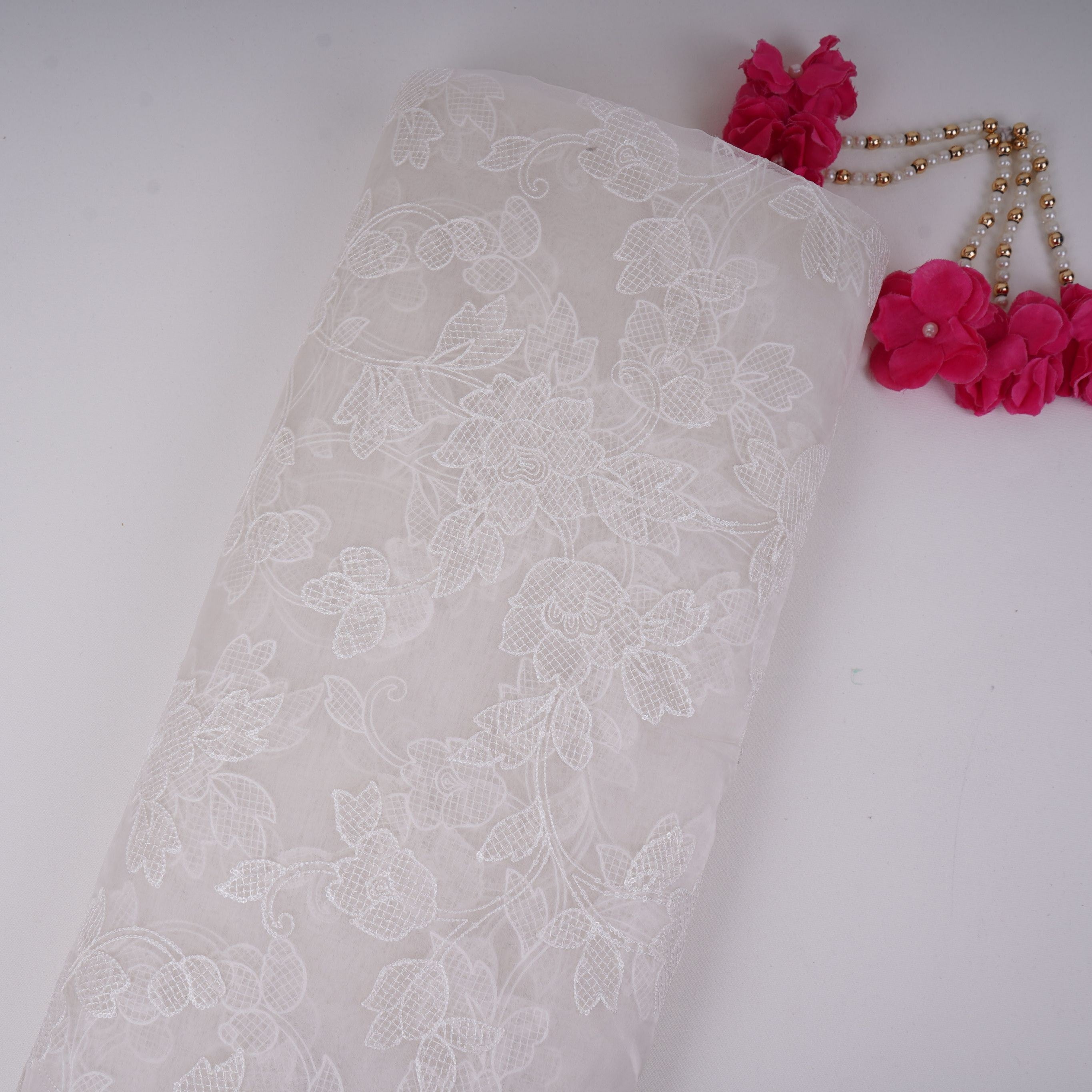 White floral jaal embroidery Pure 27gm Organza Fabric GPF-32092 - TradeUNO