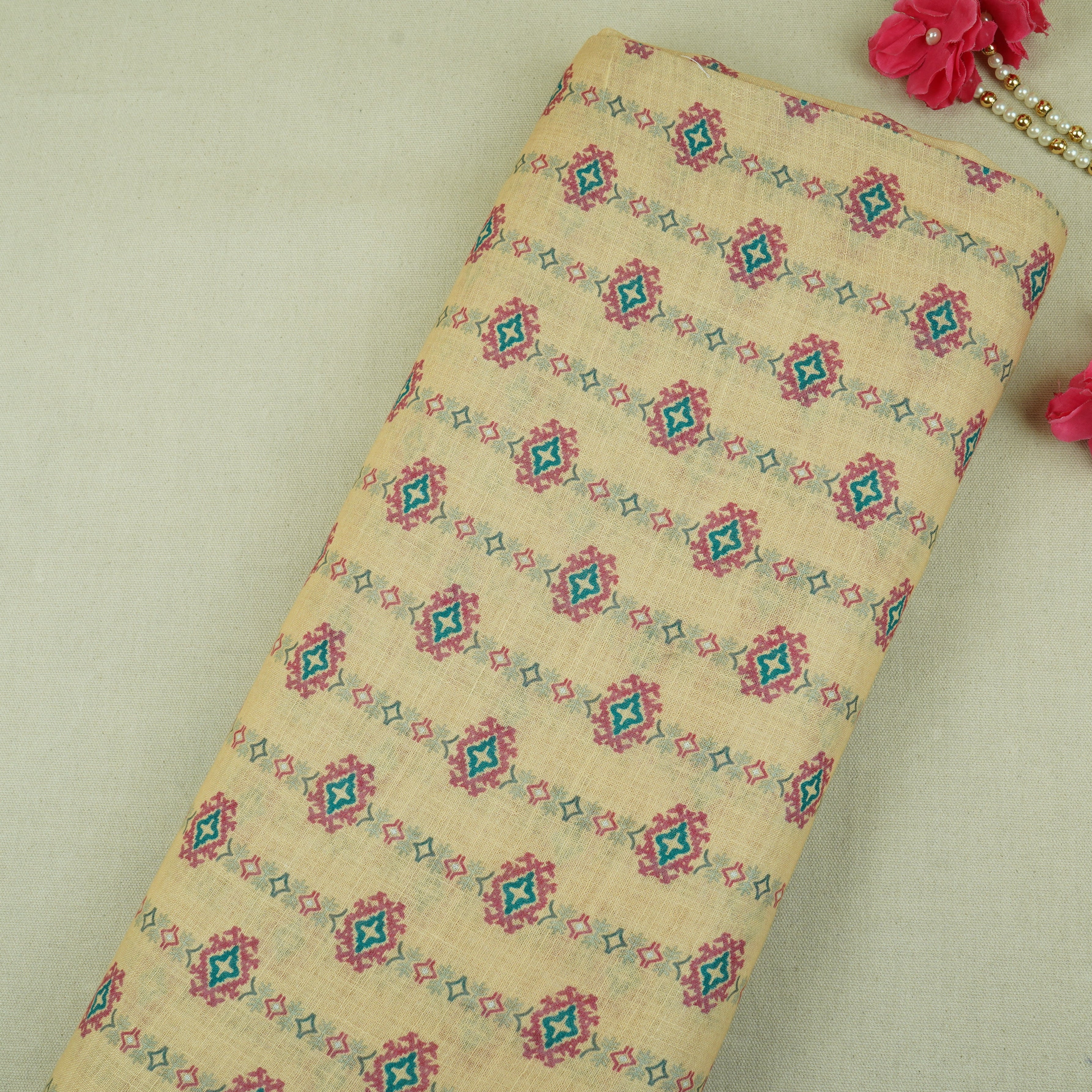 Light Yellow Abstract Print Cotton Linen Fabric GTS-30287 - TradeUNO