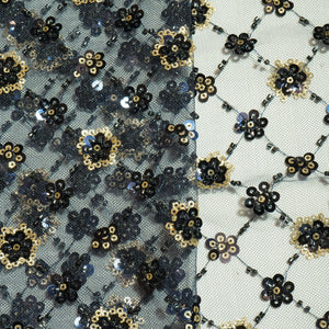 Premium Blue Floral Heavy Sequins CutDana Embroidery Net Fabric