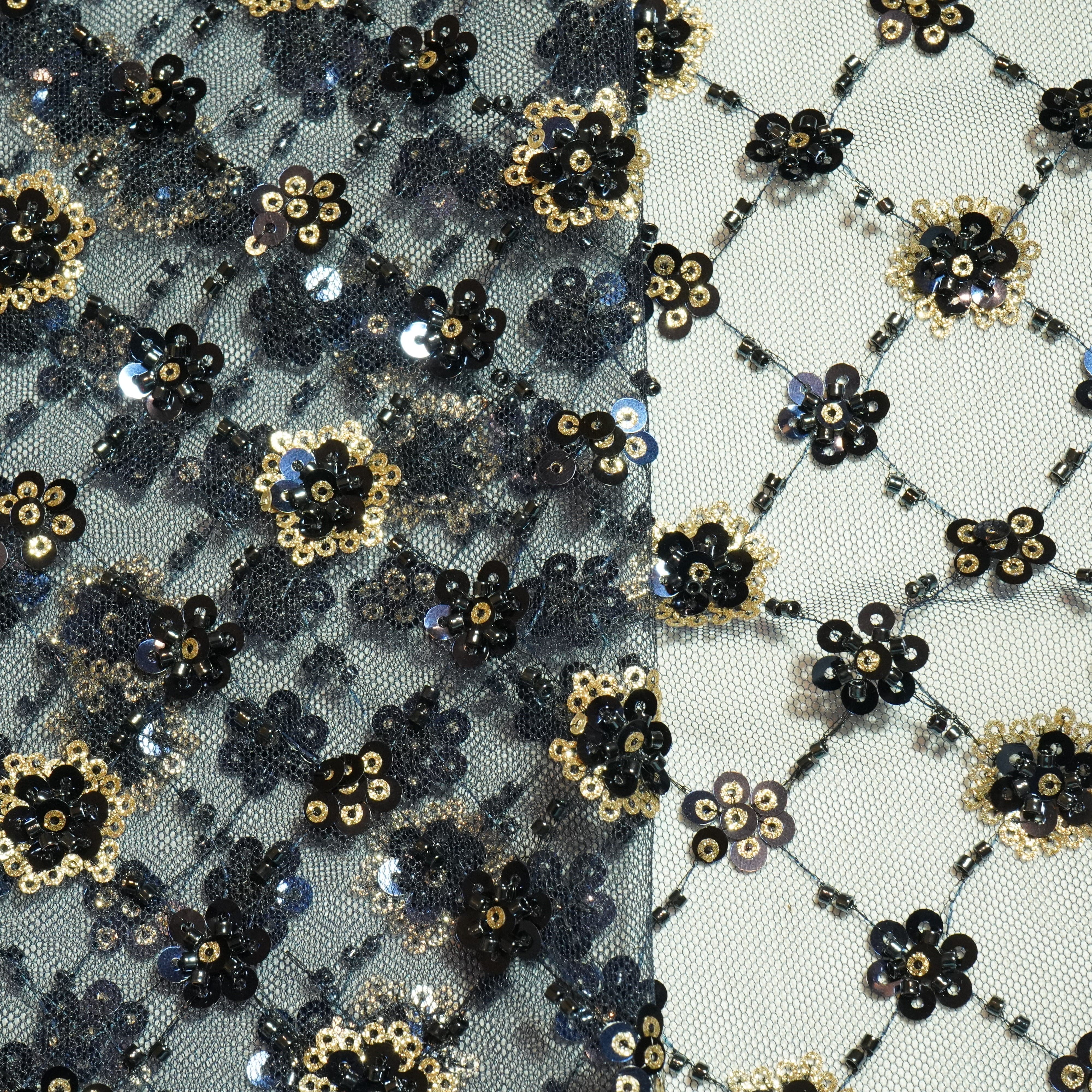 Premium Blue Floral Heavy Sequins CutDana Embroidery Net Fabric
